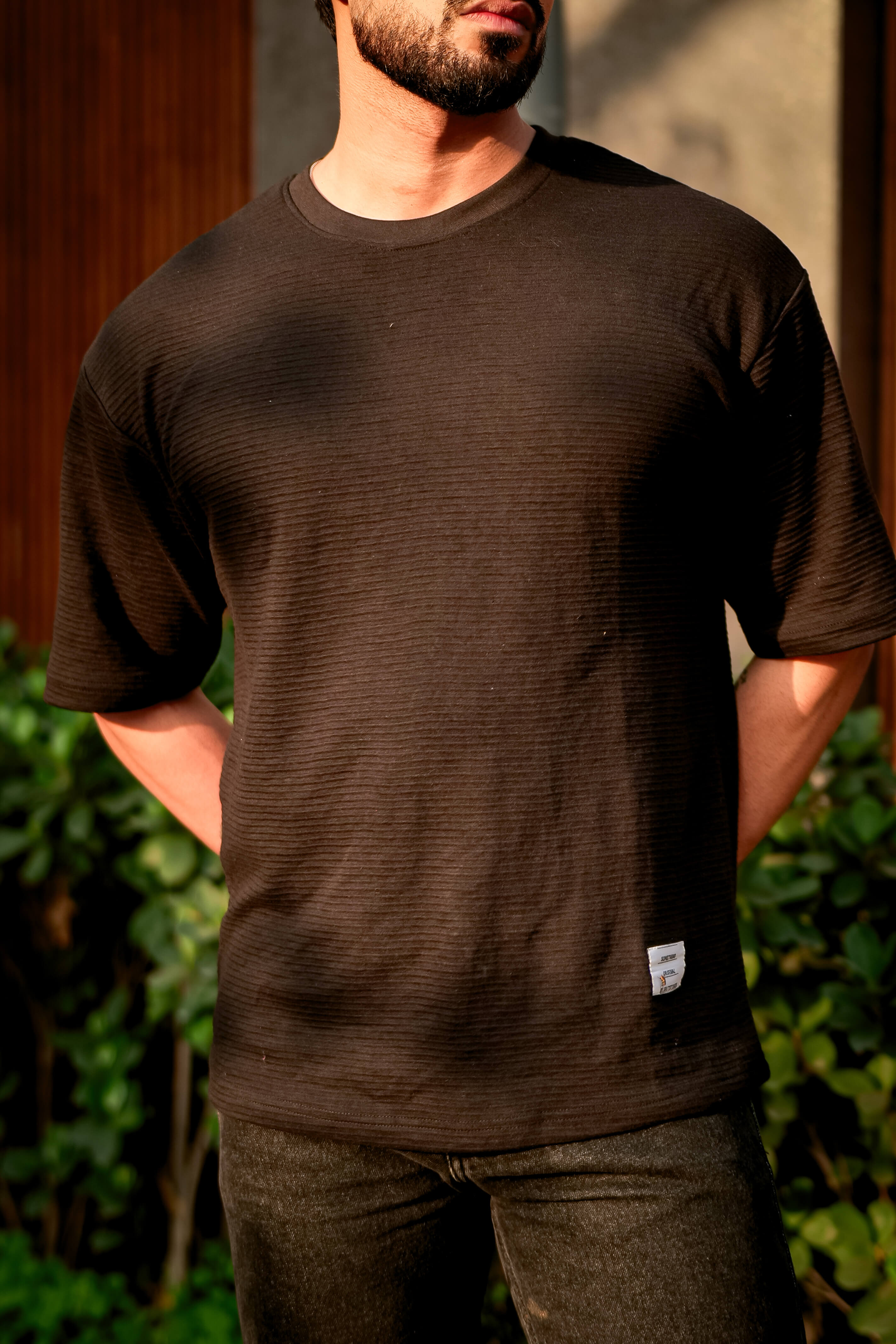 Black Self Design Oversized Round Neck T-Shirt