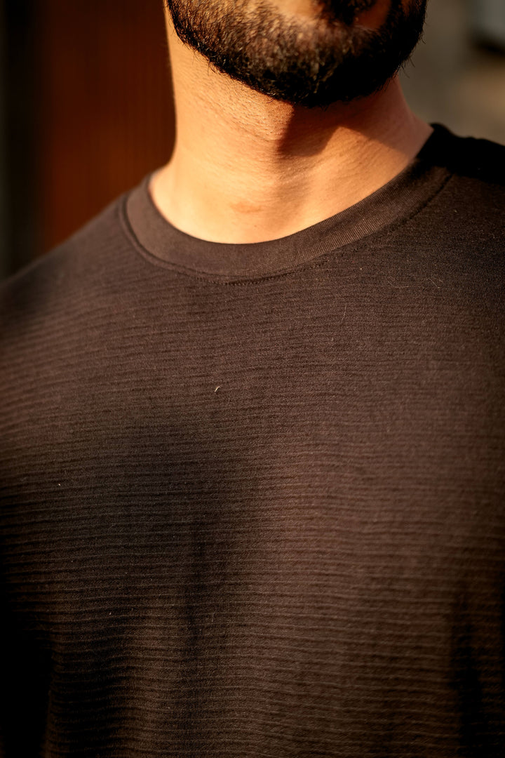 Black Self Design Oversized Round Neck T-Shirt