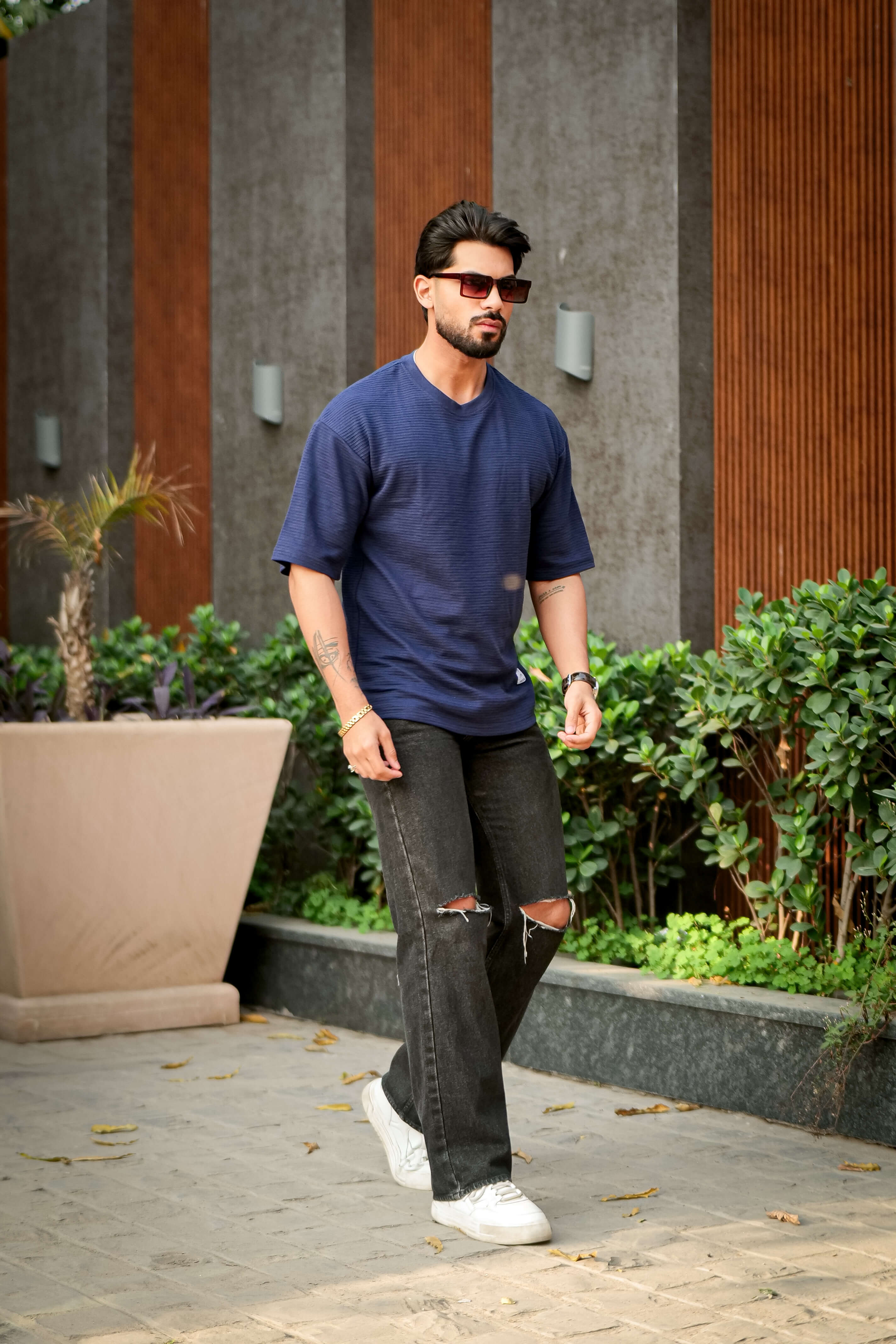 Navy Blue Oversized Cotton (Ottoman) Round Neck T-Shirt