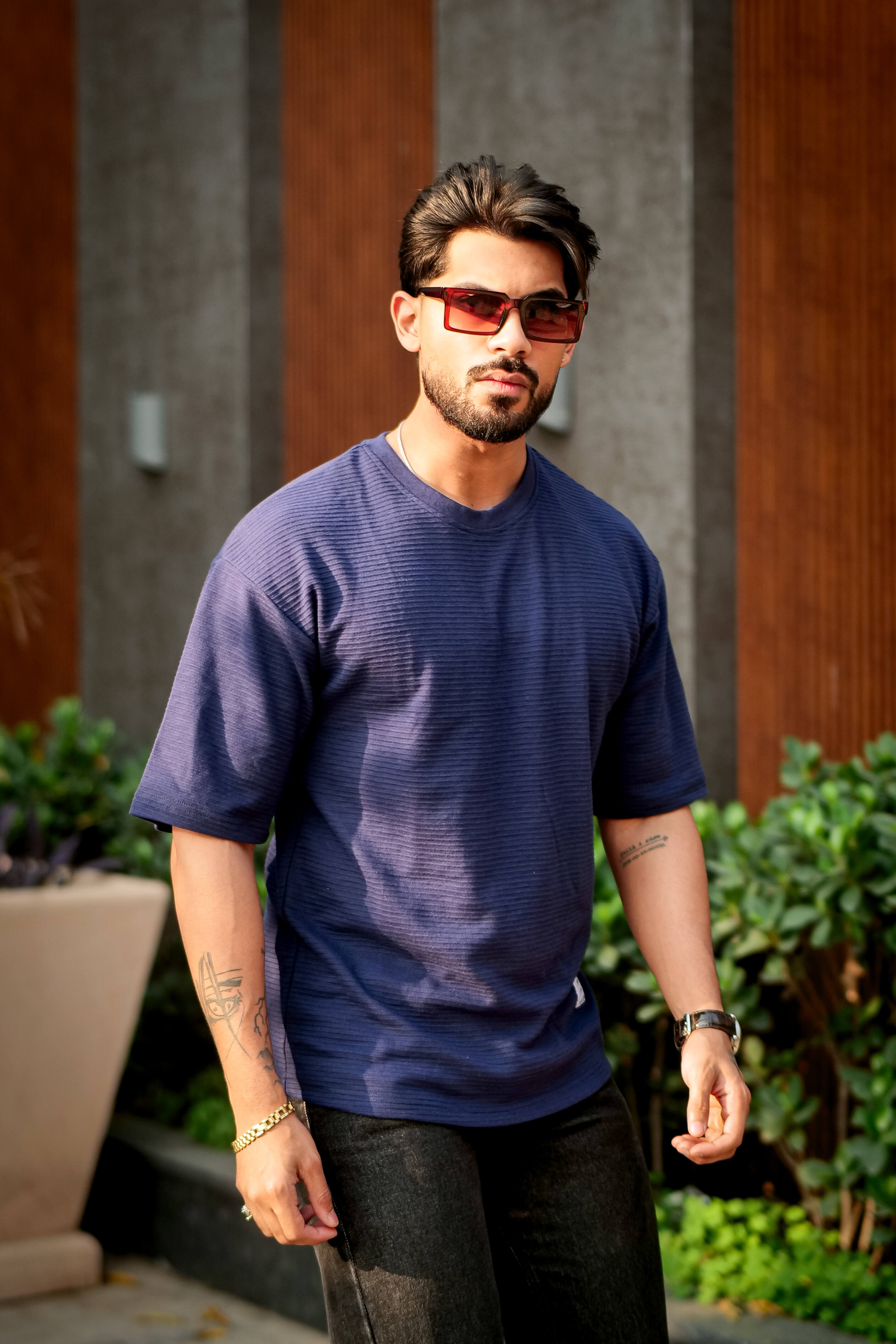 Navy Blue Oversized Cotton (Ottoman) Round Neck T-Shirt