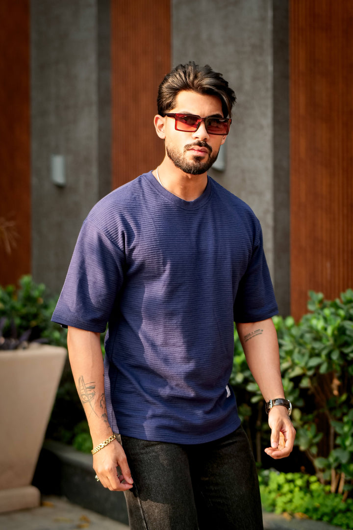 Navy Blue Oversized Cotton Round Neck T-Shirt