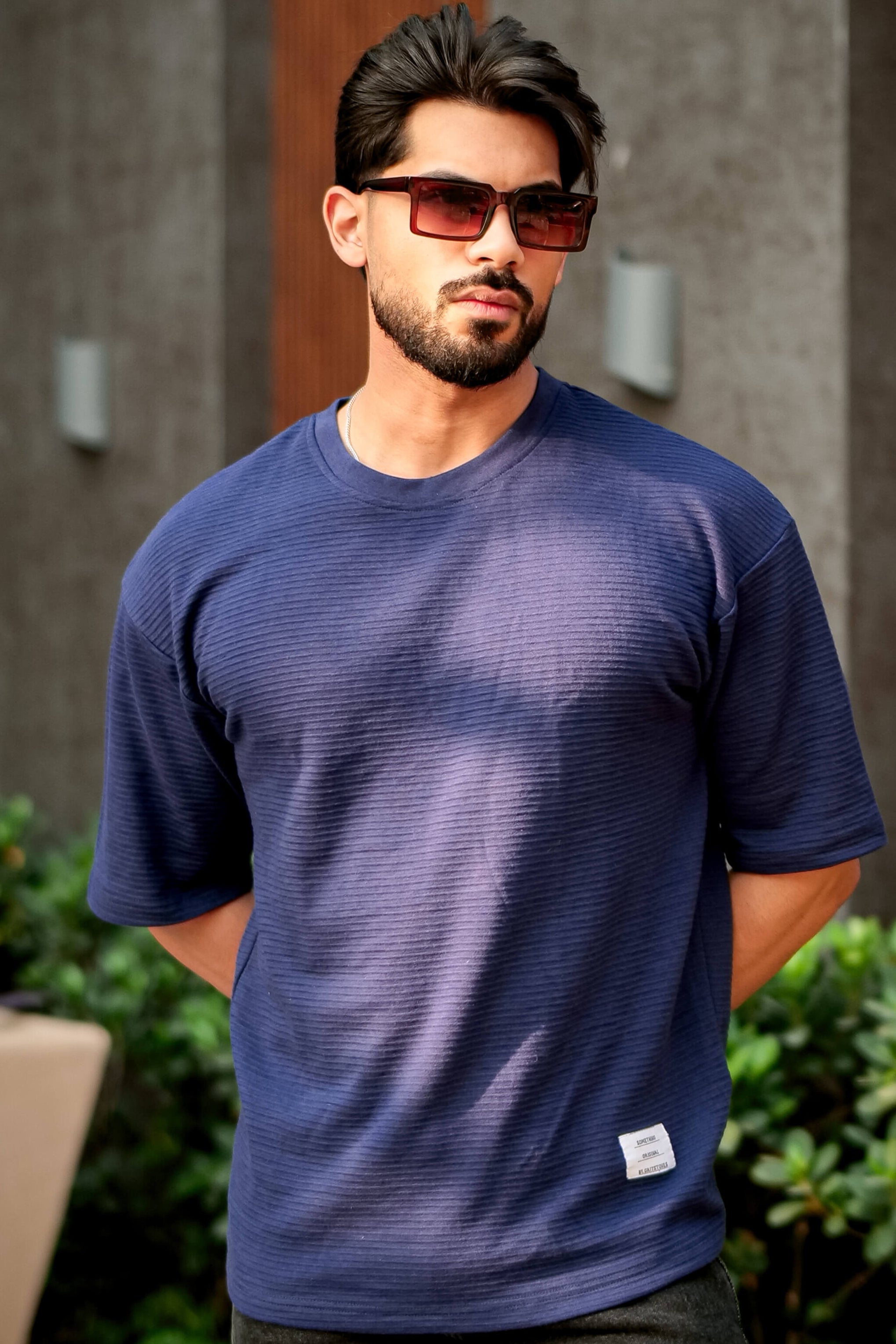 Navy Blue Oversized Cotton (Ottoman) Round Neck T-Shirt