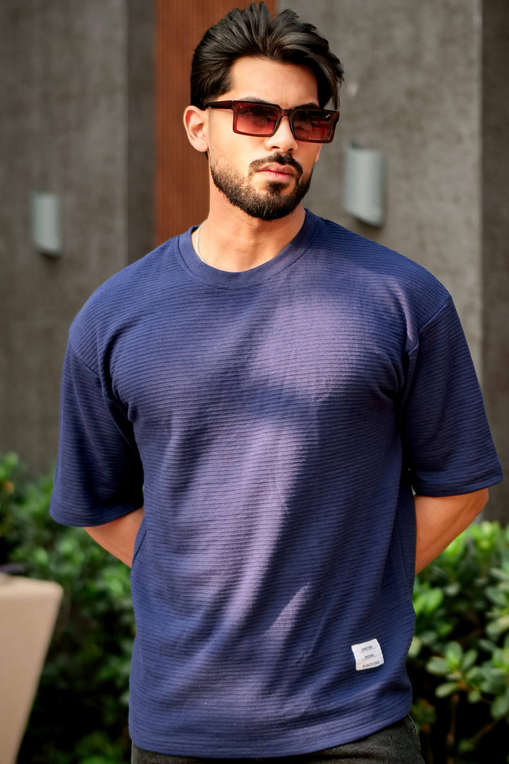 Navy Blue Oversized Cotton Round Neck T-Shirt
