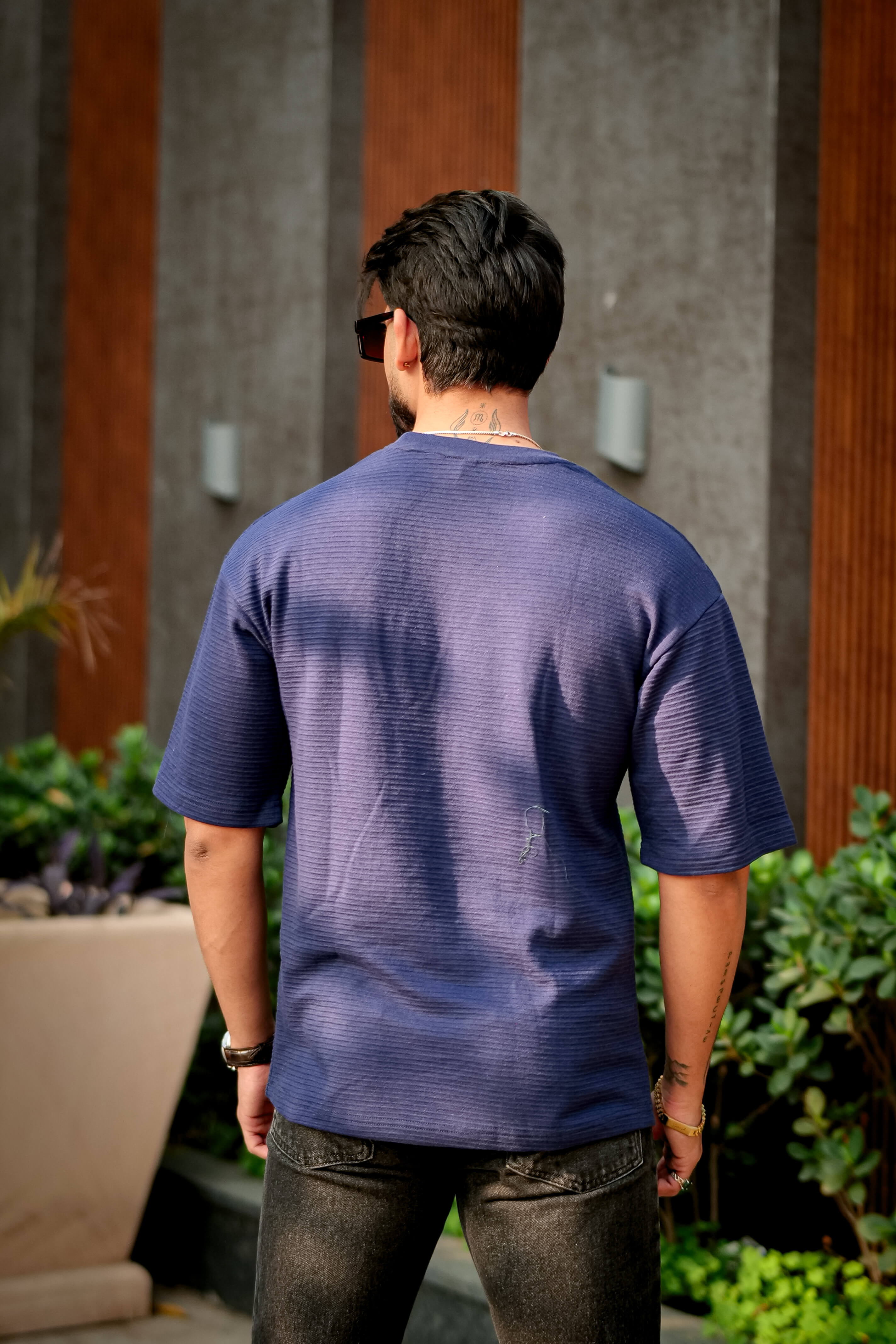 Navy Blue Oversized Cotton (Ottoman) Round Neck T-Shirt