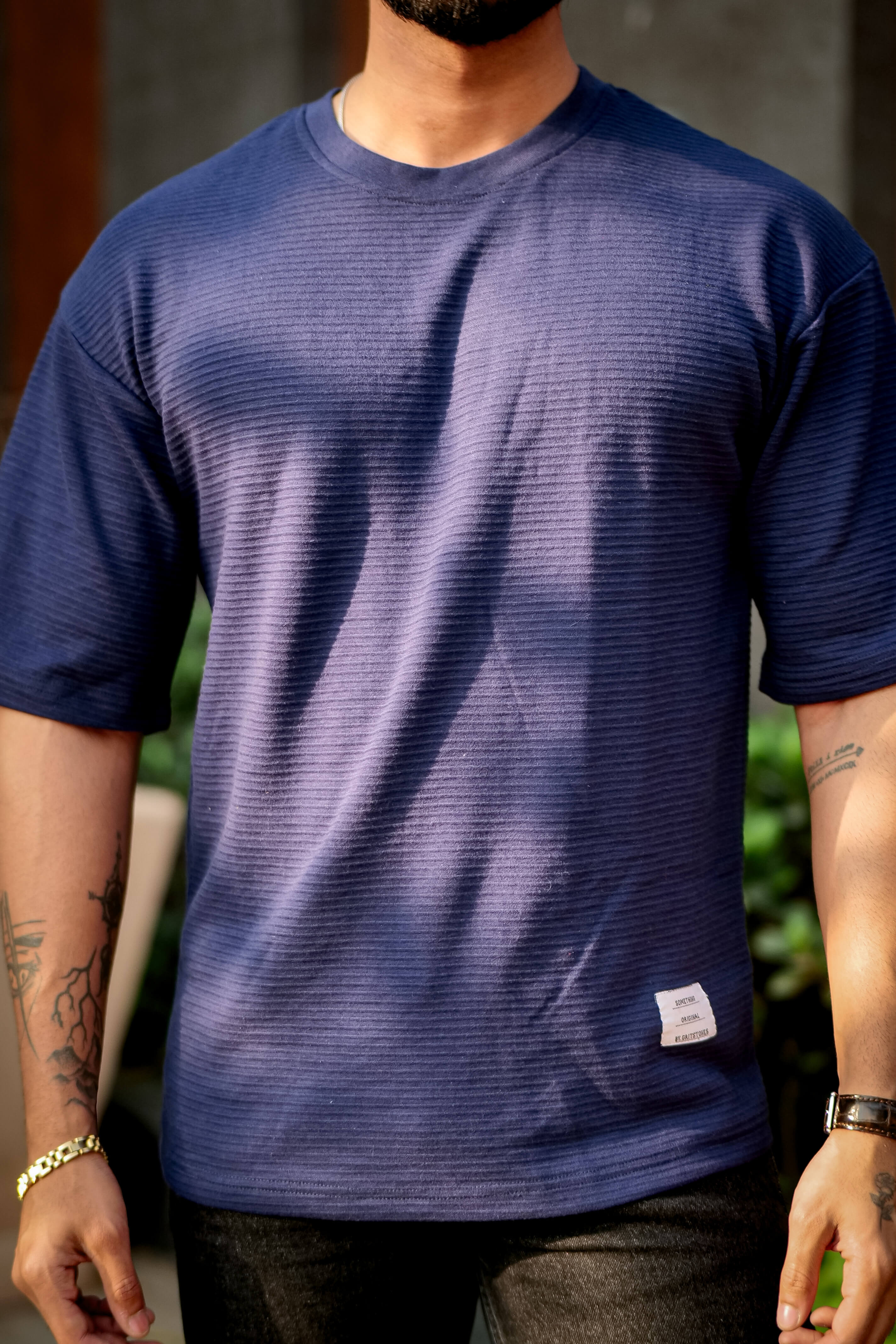 Navy Blue Oversized Cotton (Ottoman) Round Neck T-Shirt