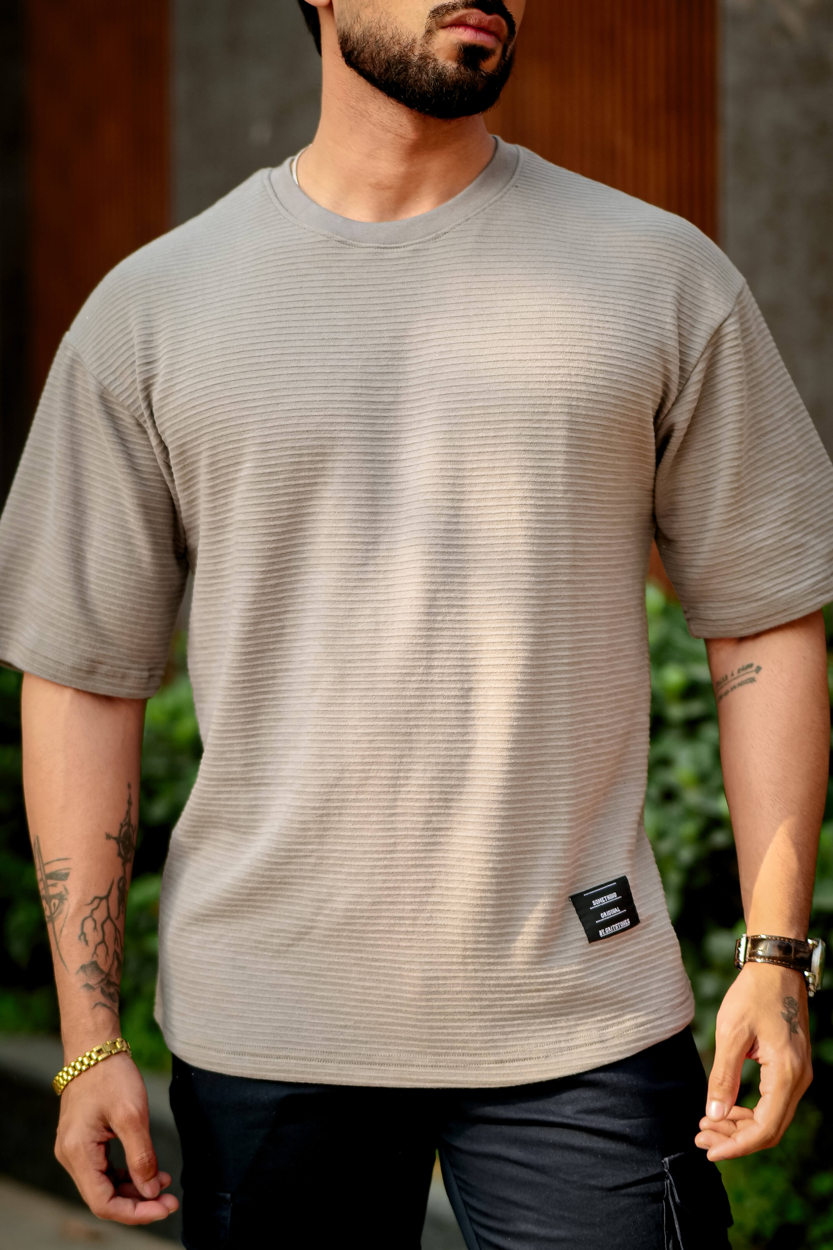 Grey Self Design Oversized Round Neck T-Shirt