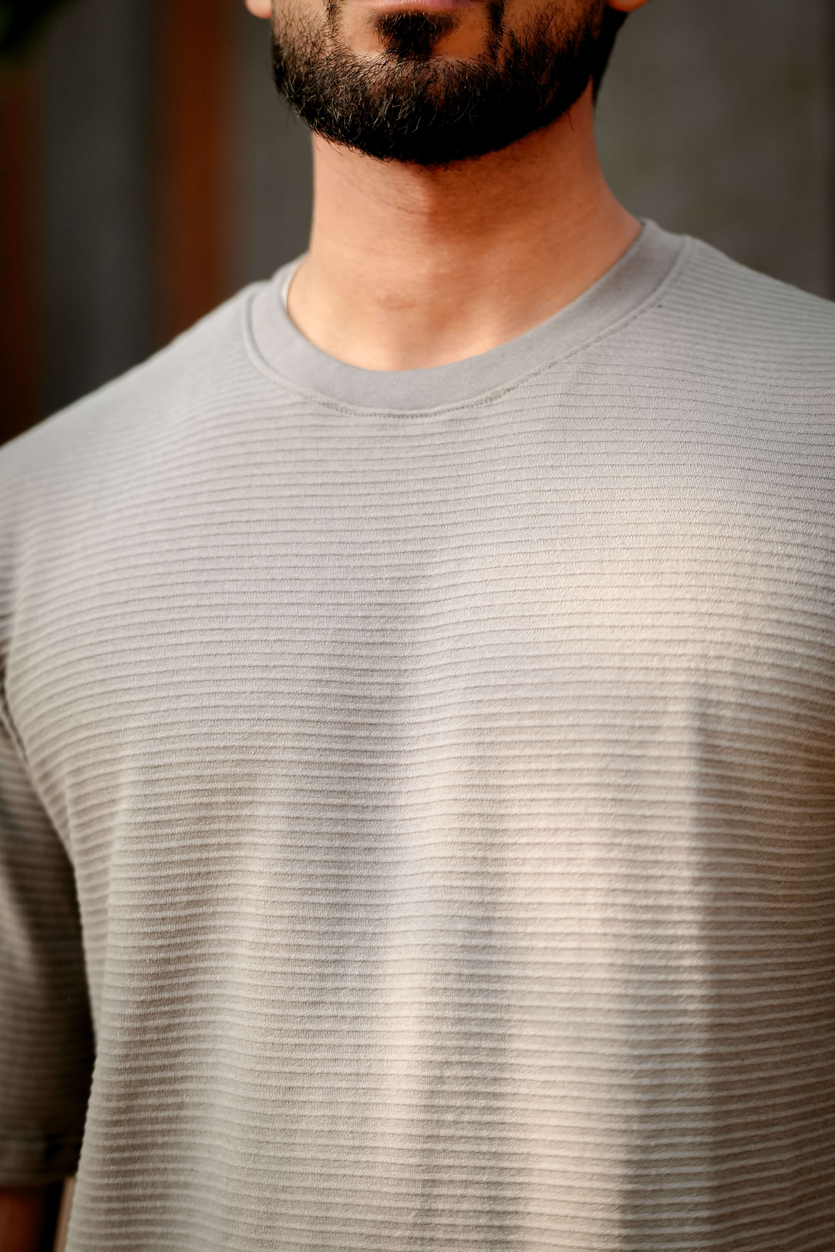 Grey Self Design Oversized Round Neck T-Shirt