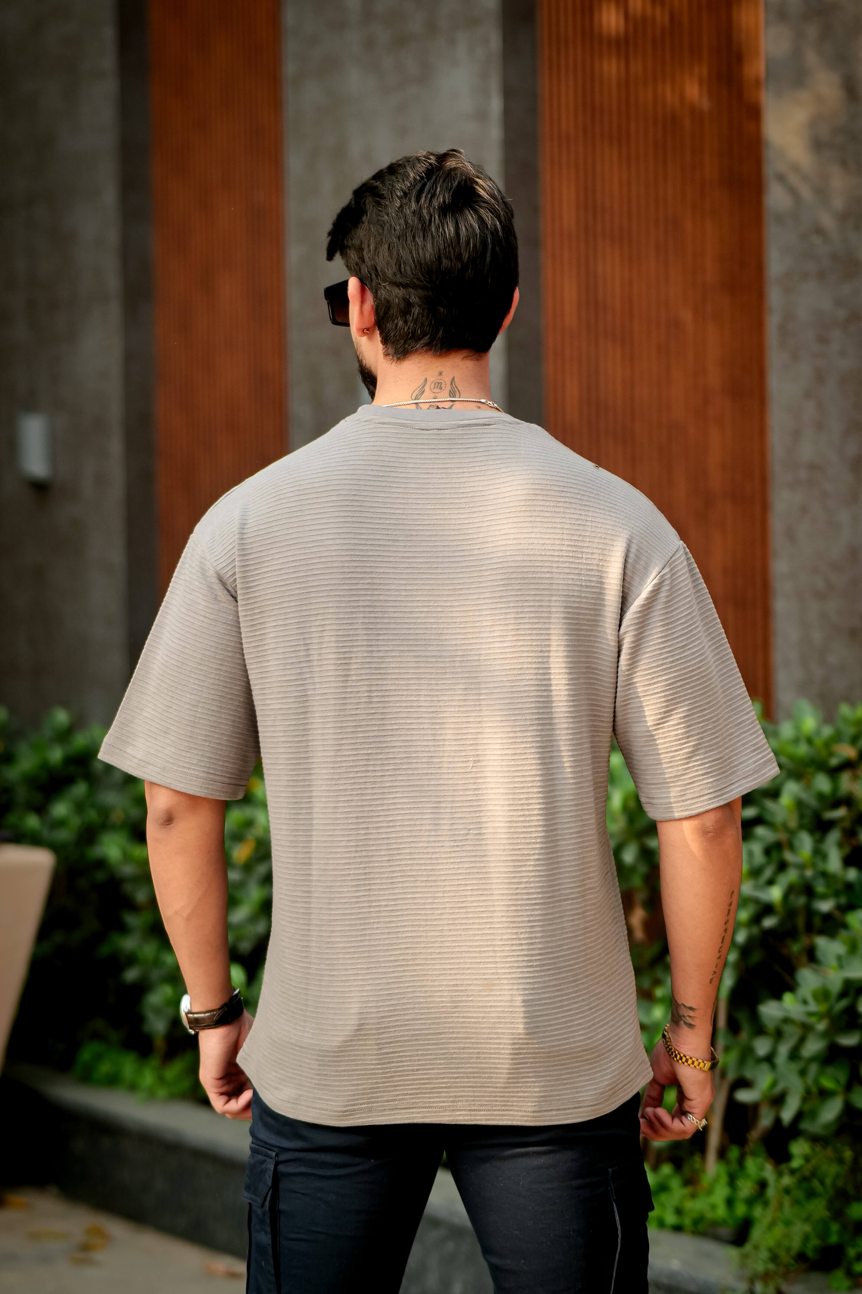 Grey Self Design Oversized Round Neck T-Shirt