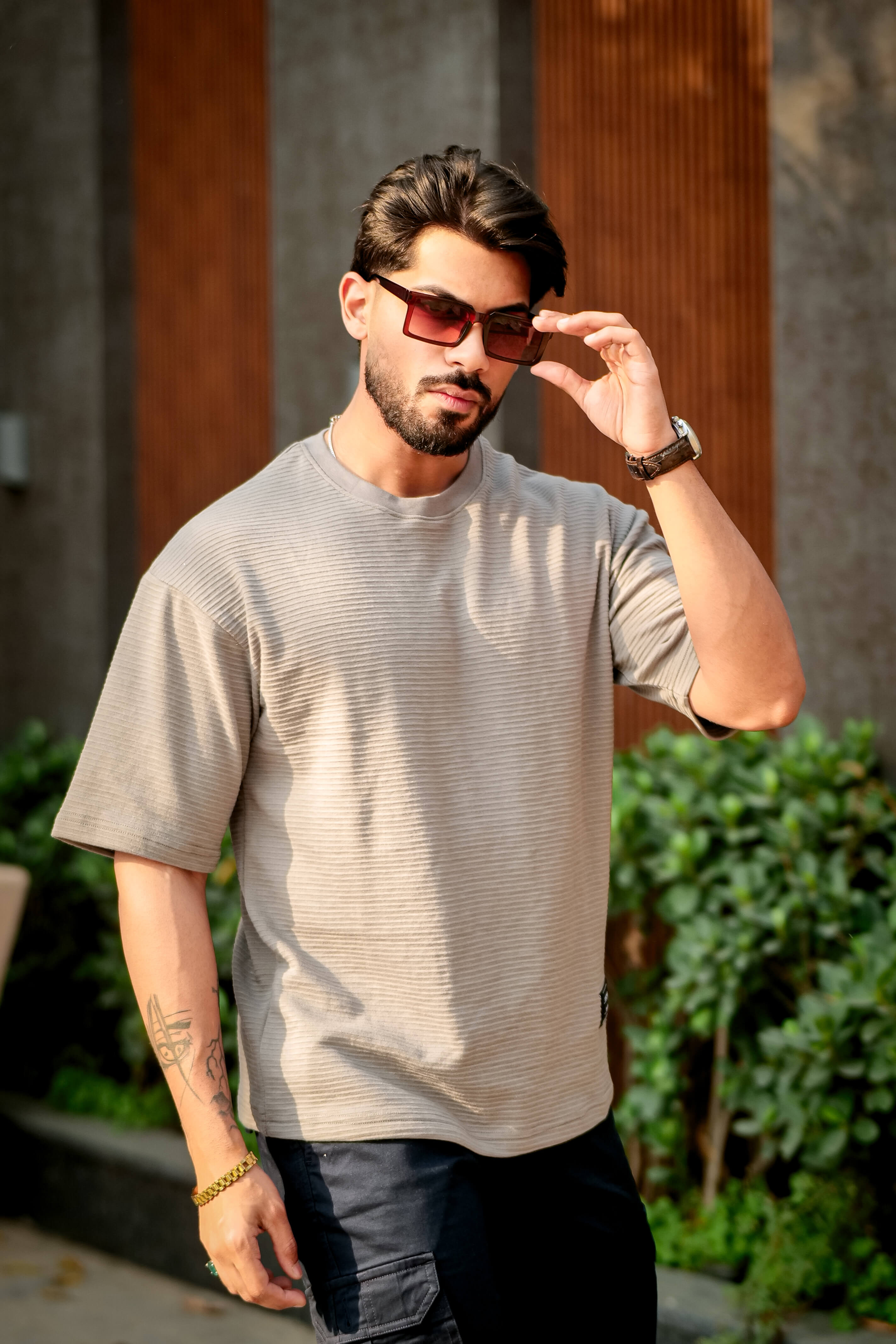 Grey Self Design Oversized Round Neck T-Shirt