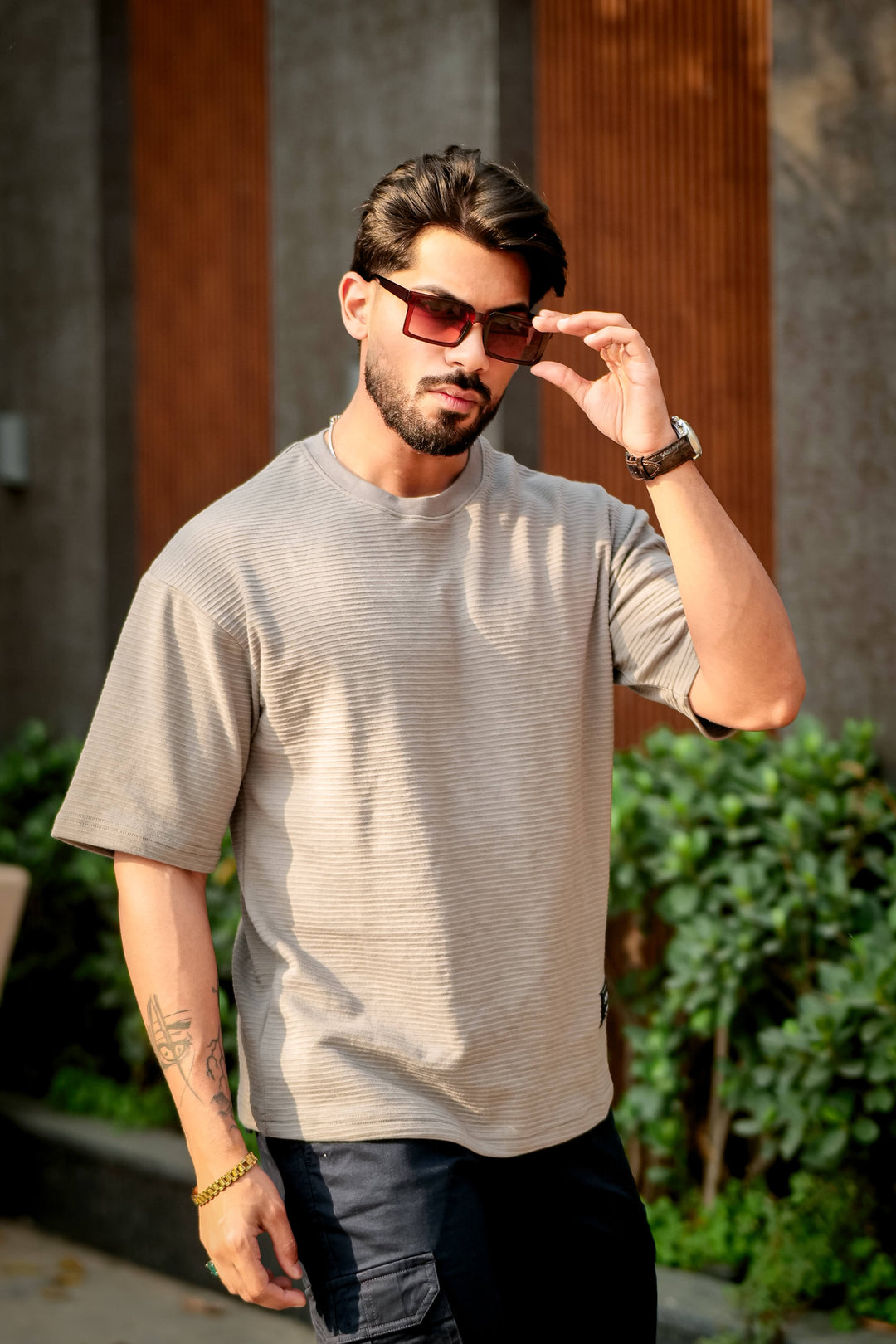 Grey Self Design Oversized Round Neck T-Shirt