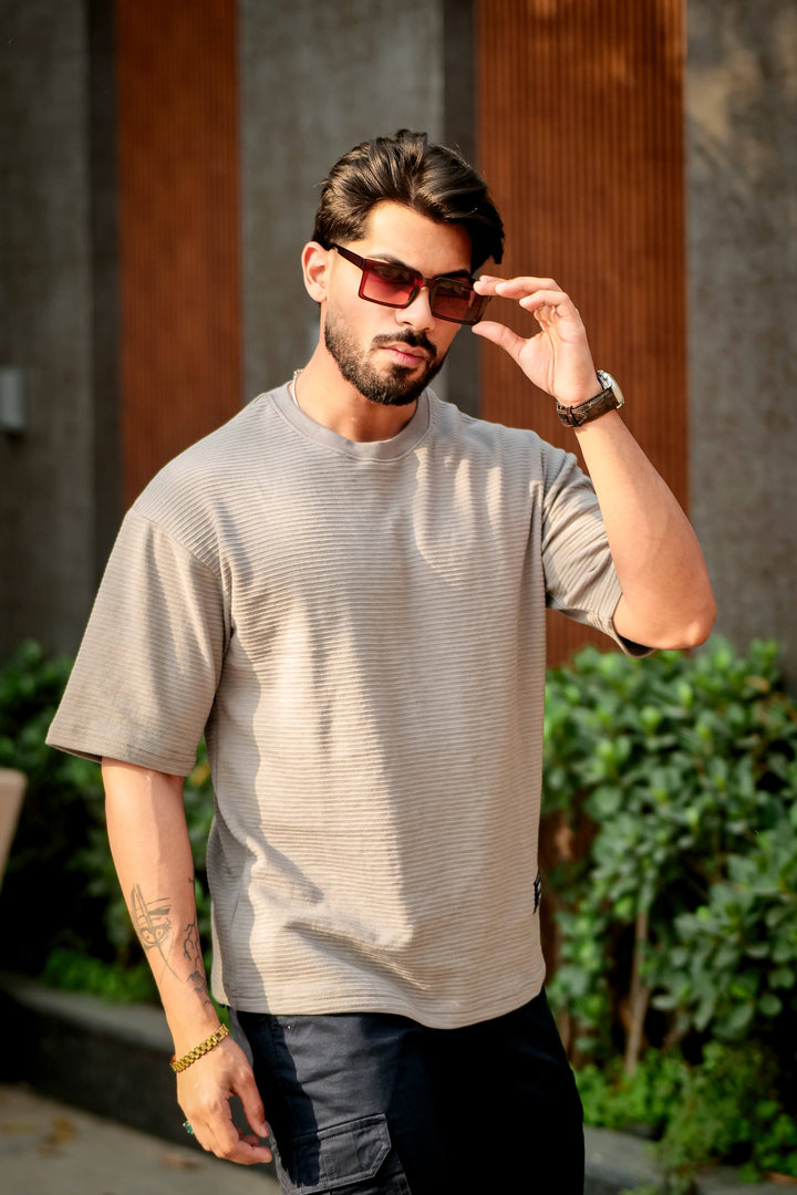 Grey Self Design Oversized Round Neck T-Shirt