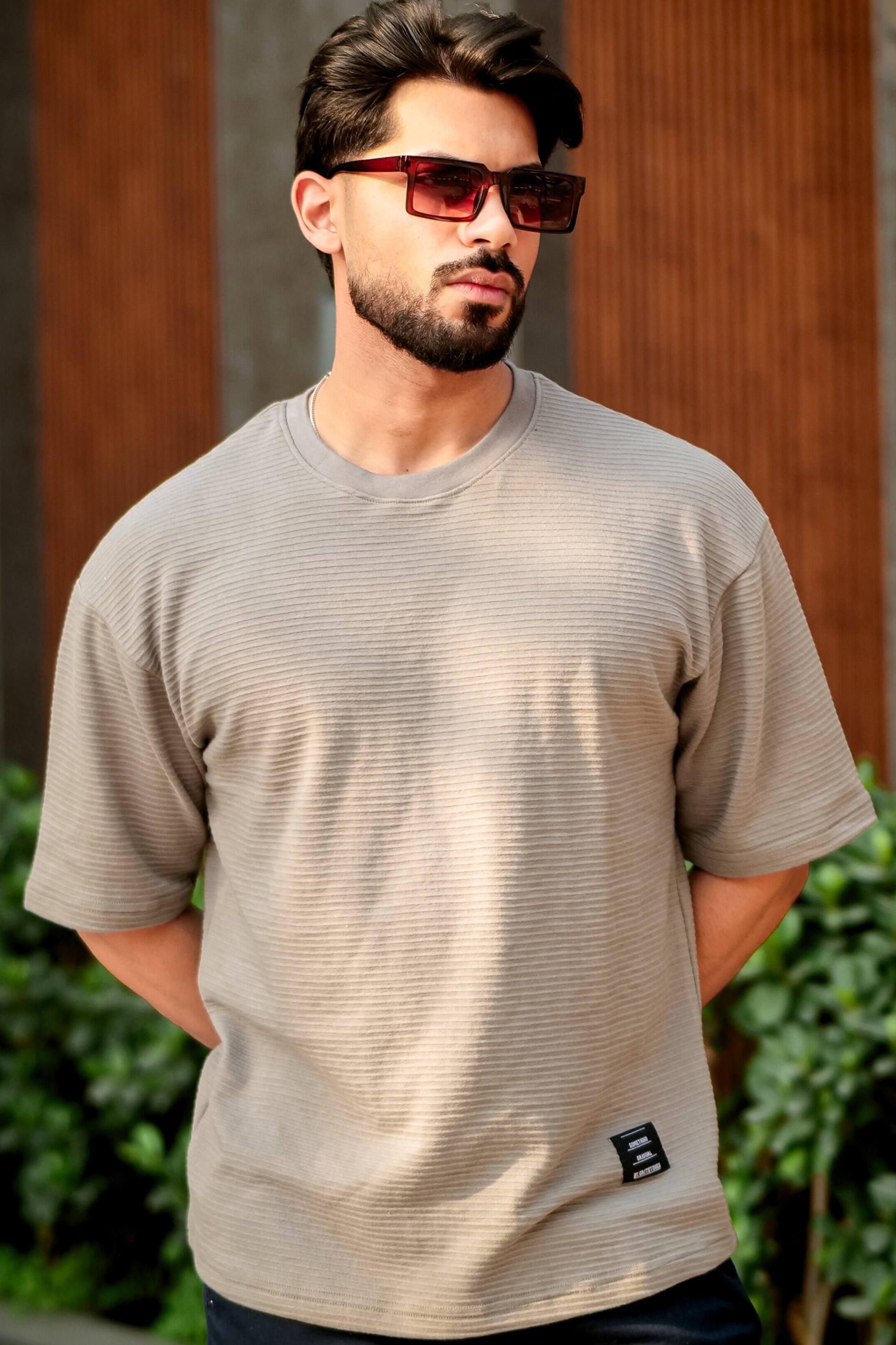 Grey Self Design Oversized Round Neck T-Shirt