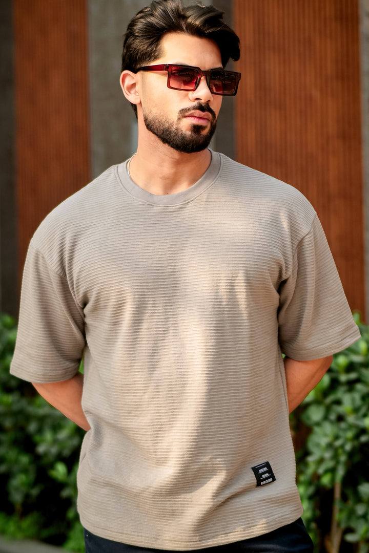 Grey Self Design Oversized Round Neck T-Shirt