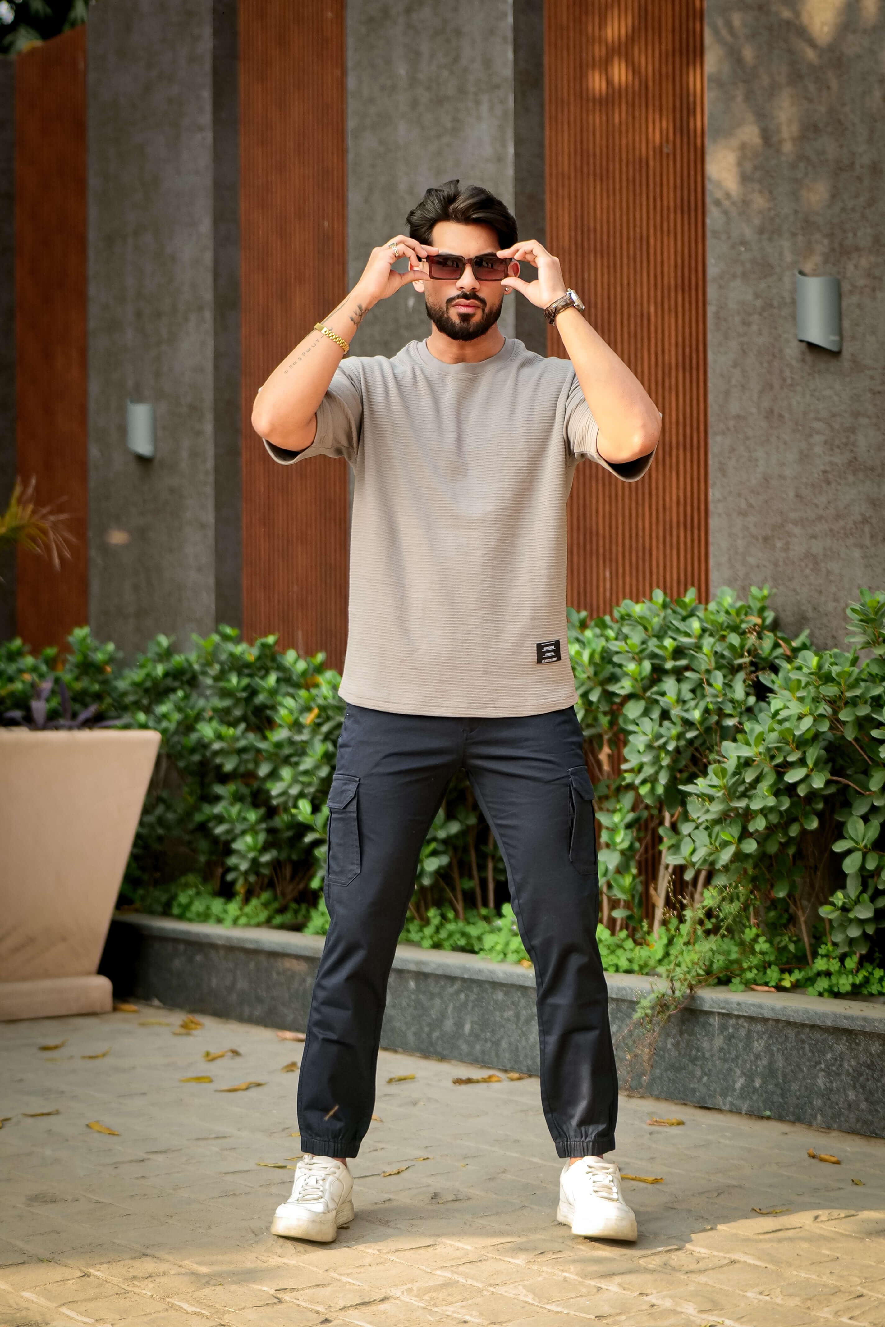 Grey Self Design Oversized Round Neck T-Shirt