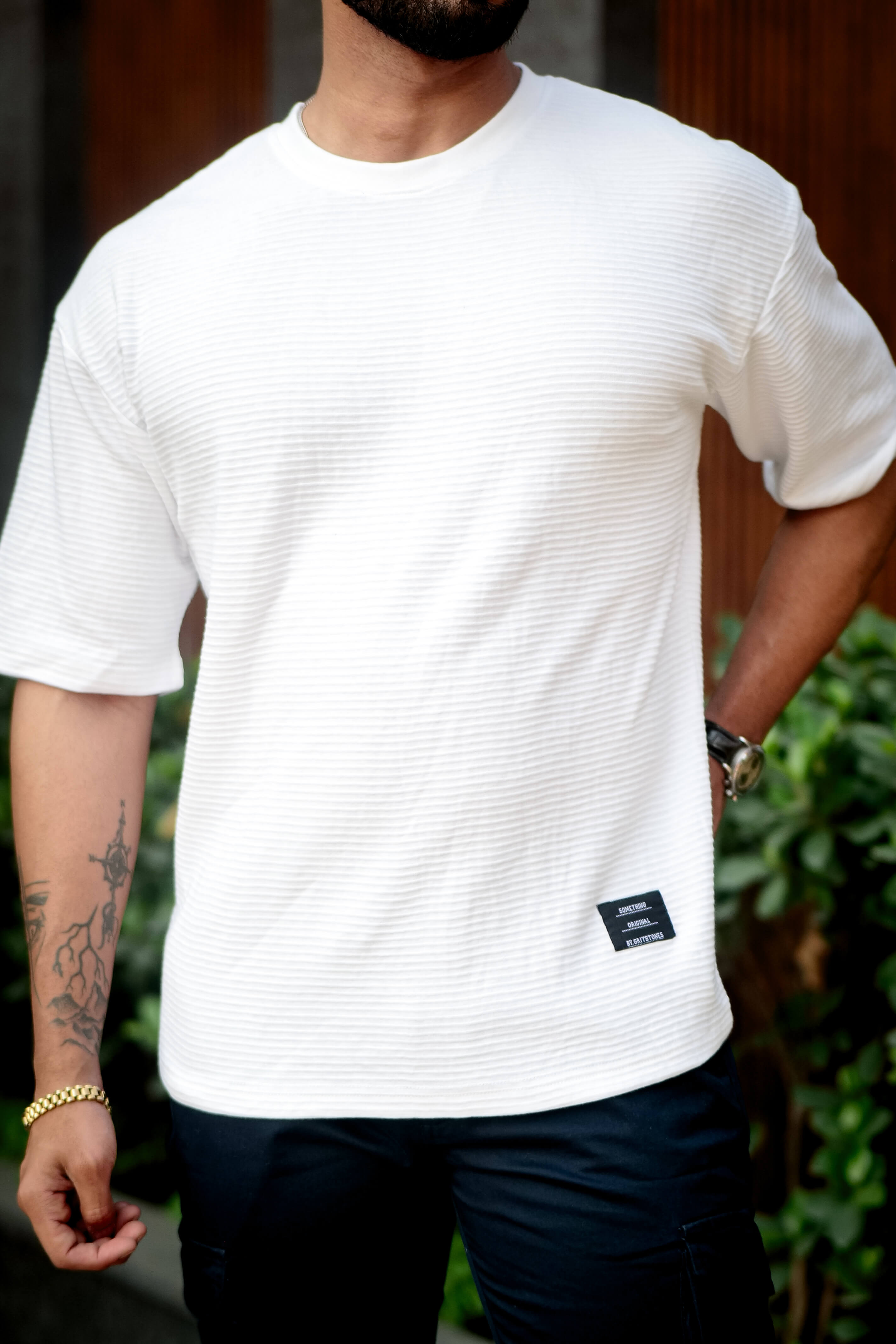 White Self Design Oversized Round Neck T-Shirt