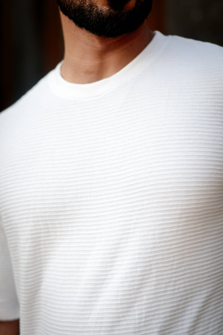 White Self Design Oversized Round Neck T-Shirt