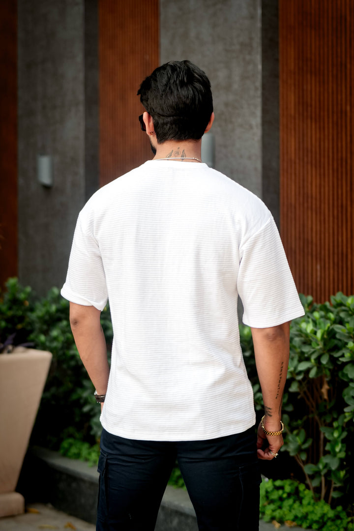 White Self Design Oversized Round Neck T-Shirt
