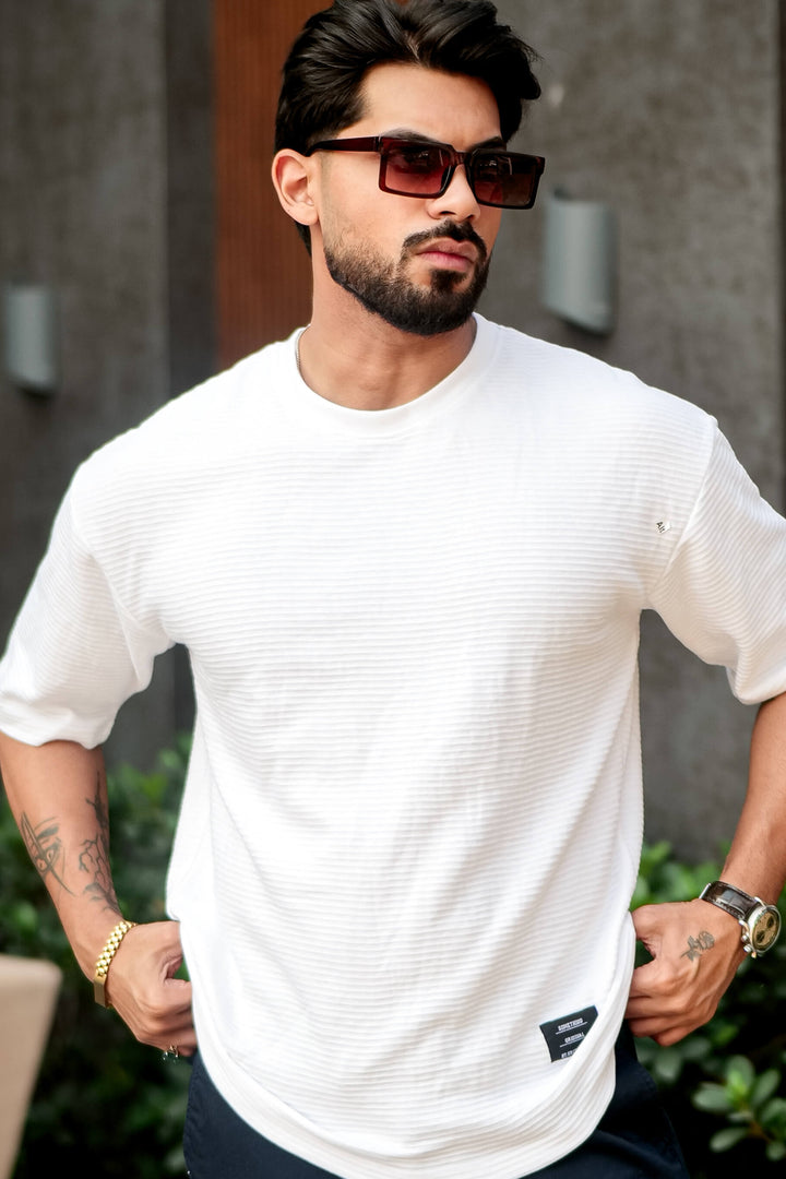 White Self Design Oversized Round Neck T-Shirt