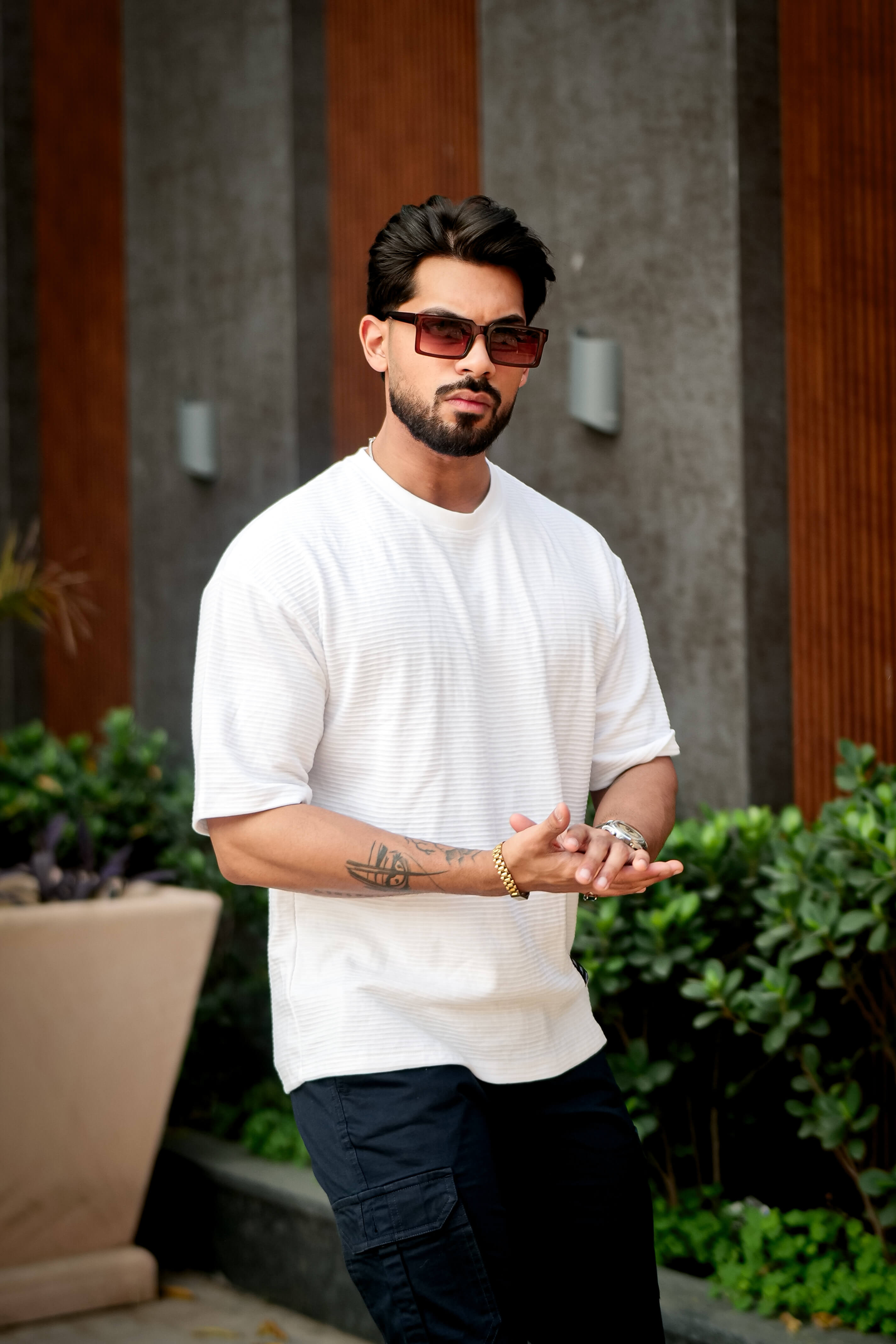 White Self Design Oversized Round Neck T-Shirt
