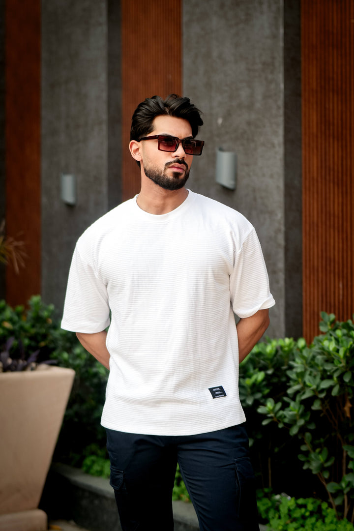 White Self Design Oversized Round Neck T-Shirt