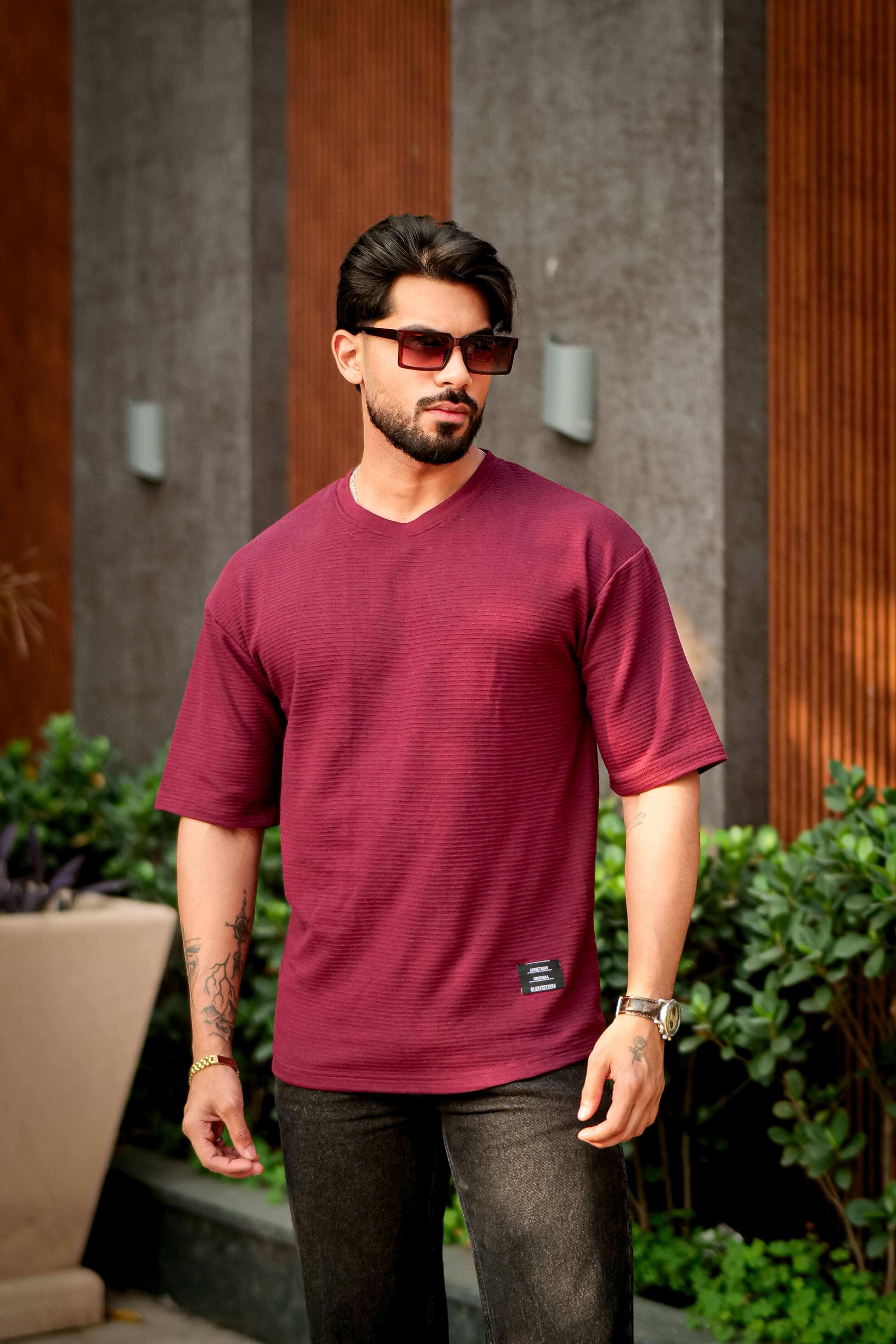 Wine Self Design Oversized Round Neck T-Shirt