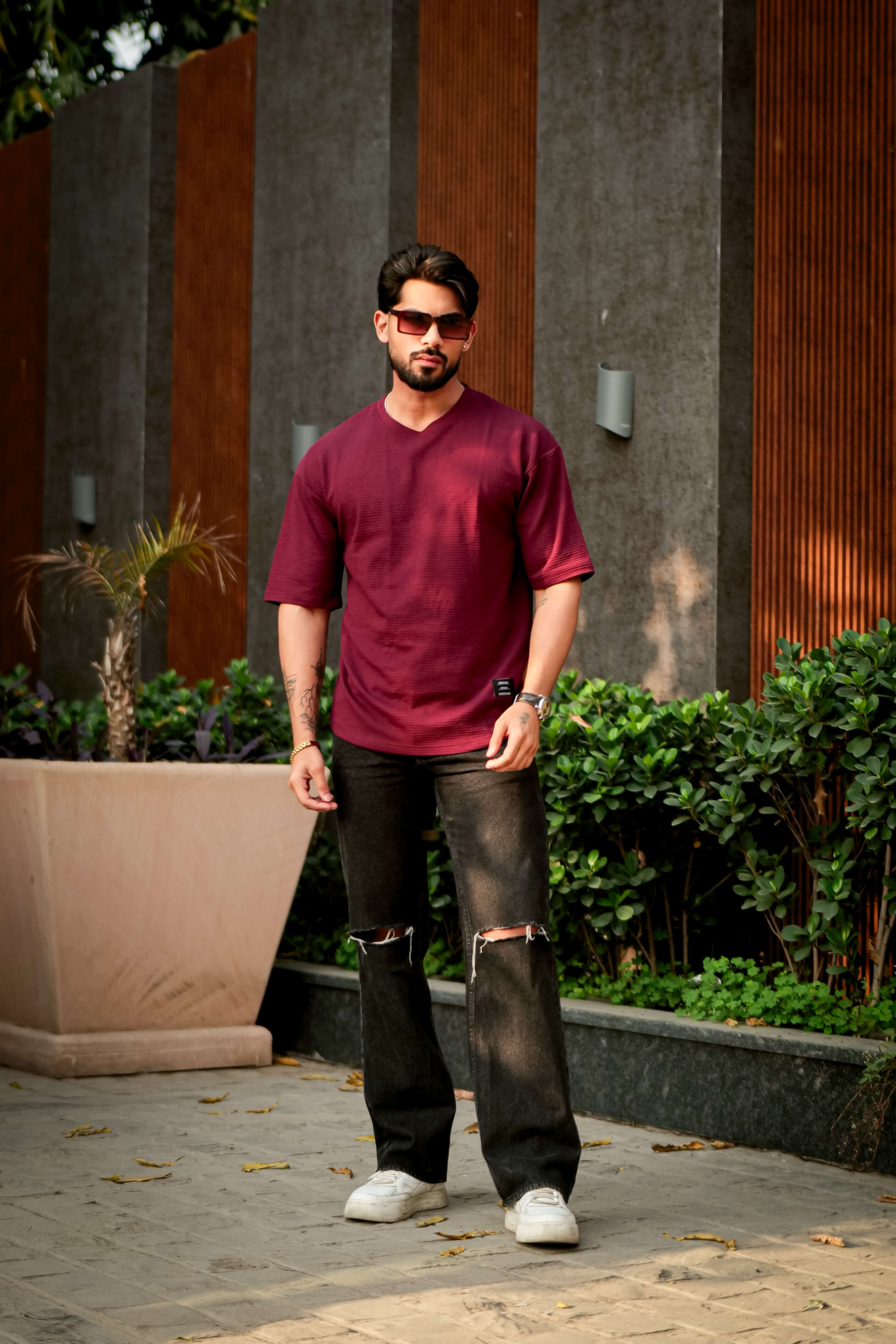 Wine Self Design Oversized Round Neck T-Shirt