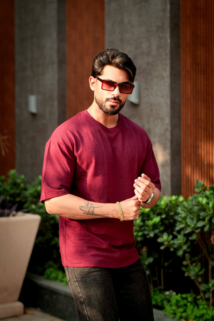 Wine Self Design Oversized Round Neck T-Shirt