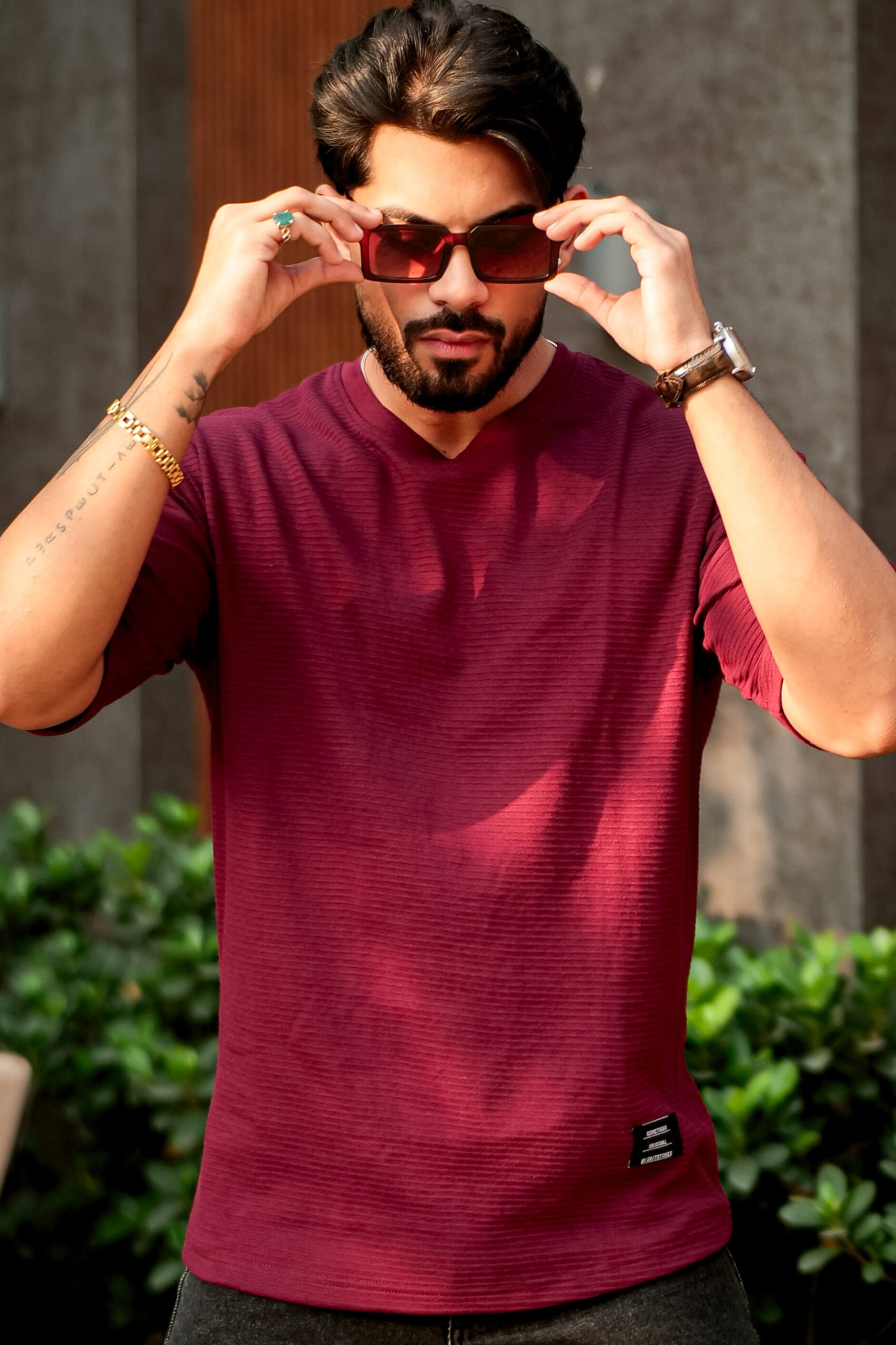 Wine Self Design Oversized Round Neck T-Shirt