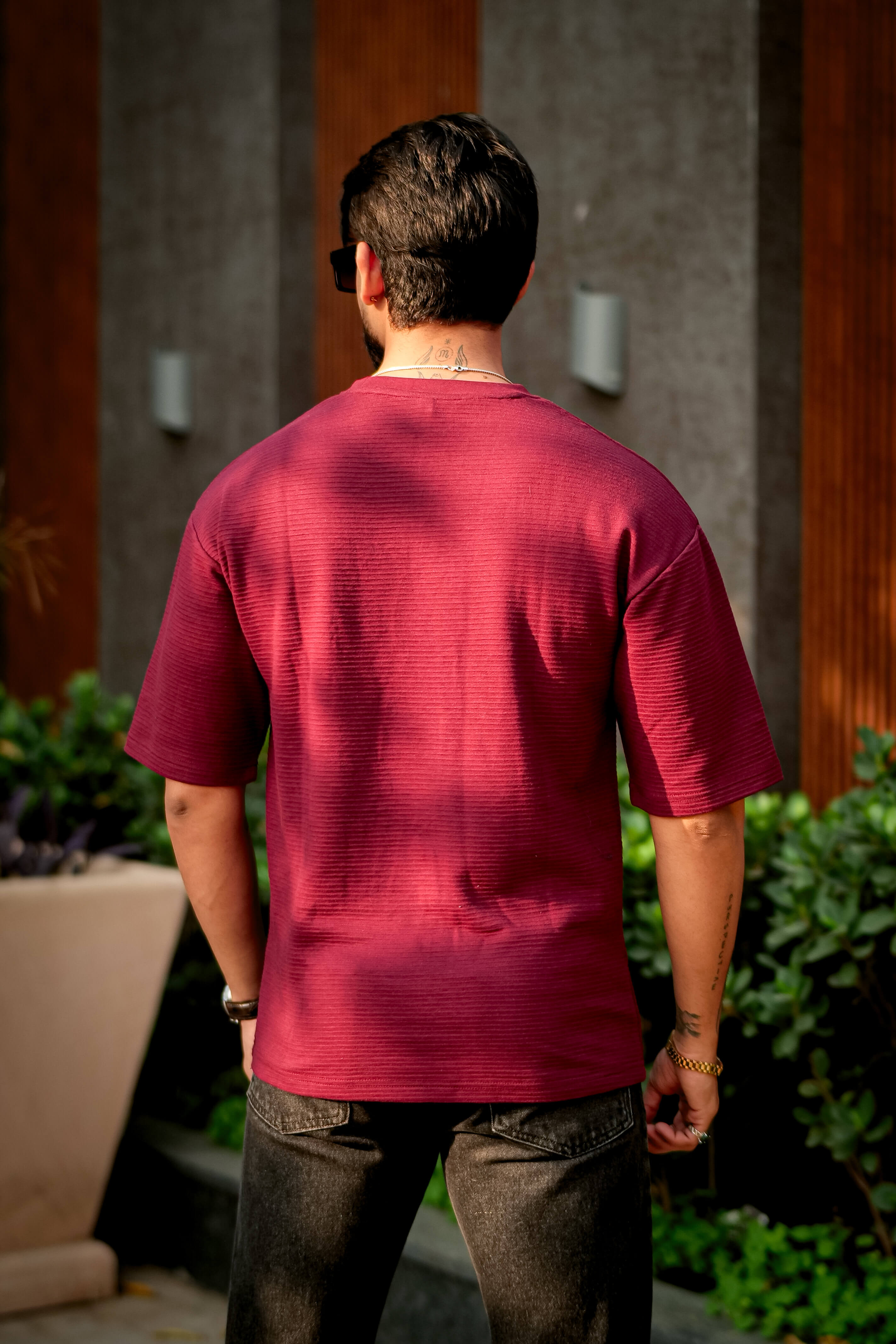 Wine Self Design Oversized Round Neck T-Shirt