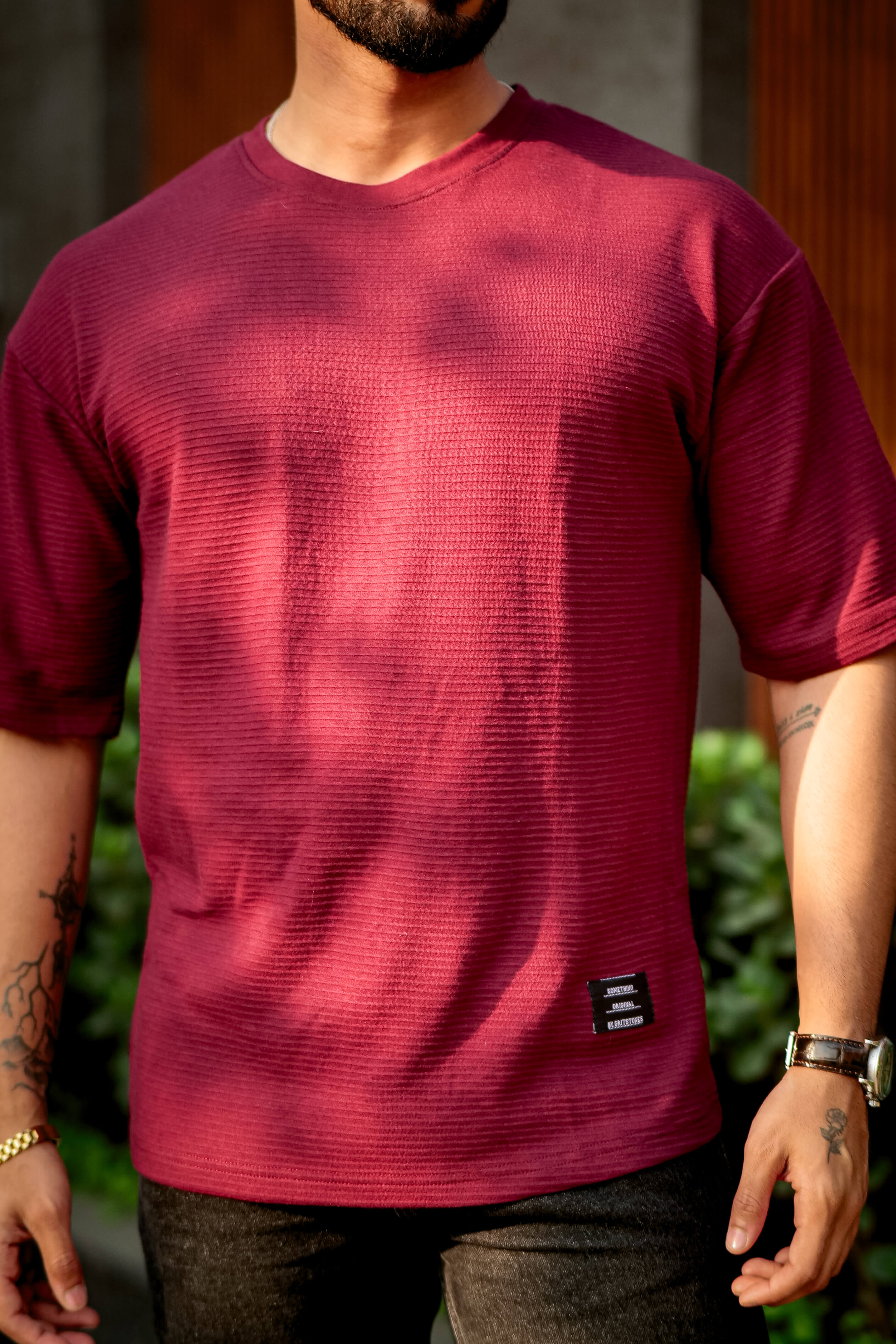 Wine Self Design Oversized Round Neck T-Shirt