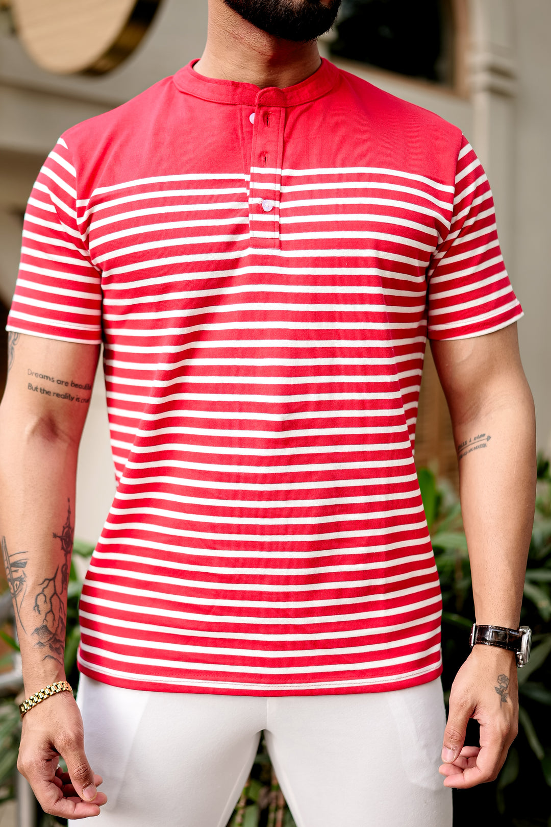 Red Striped Henley T-Shirt