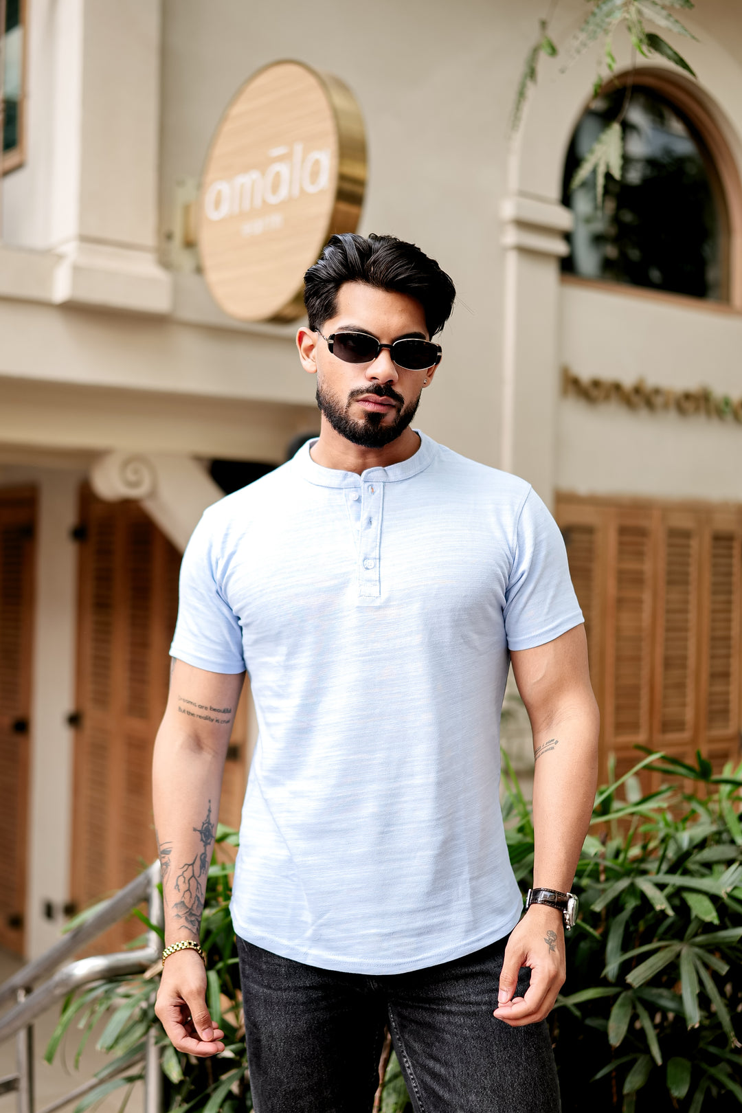 Sky Blue Self Design Henley T-Shirt