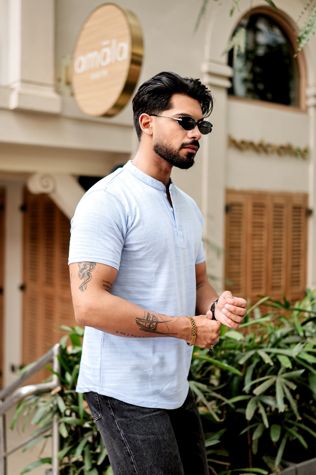 Sky Blue Self Design Henley T-Shirt