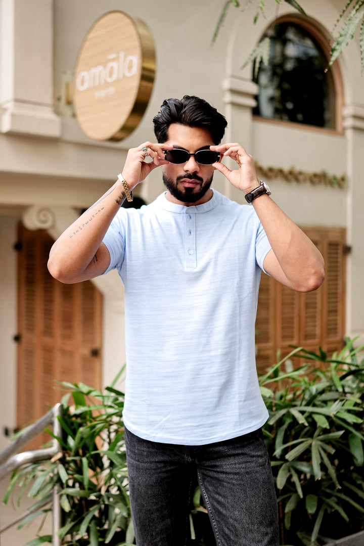 Sky Blue Self Design Henley T-Shirt