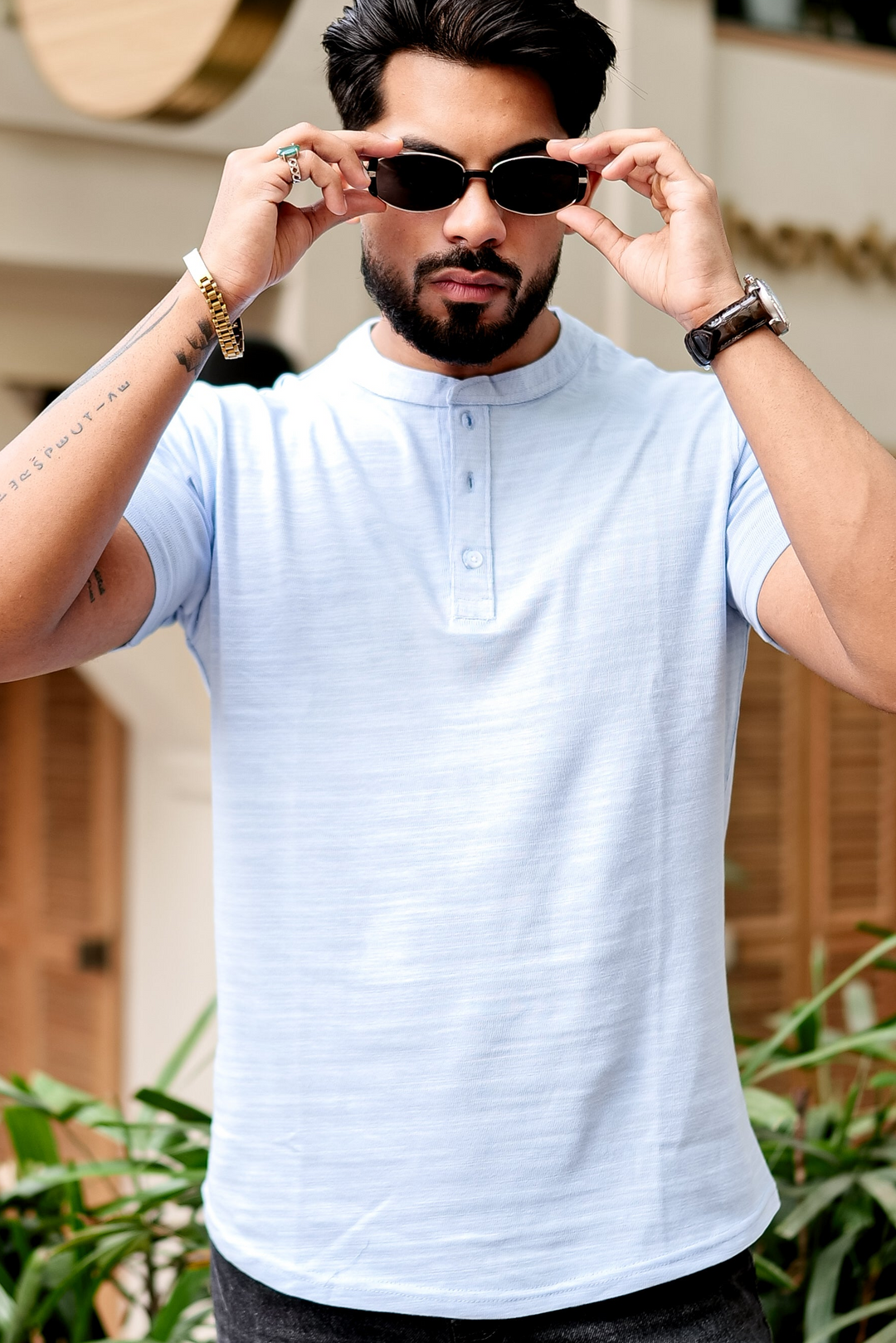 Sky Blue Self Design Henley T-Shirt