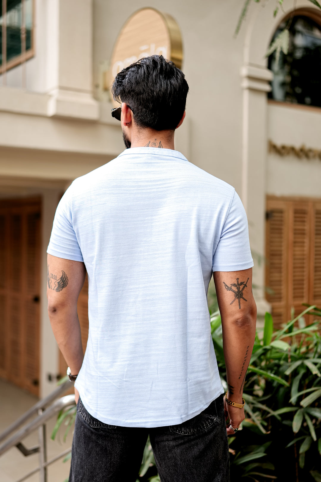 Sky Blue Self Design Henley T-Shirt