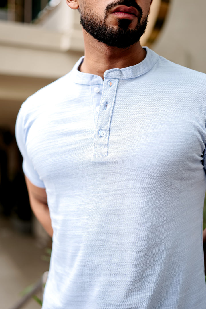 Sky Blue Self Design Henley T-Shirt