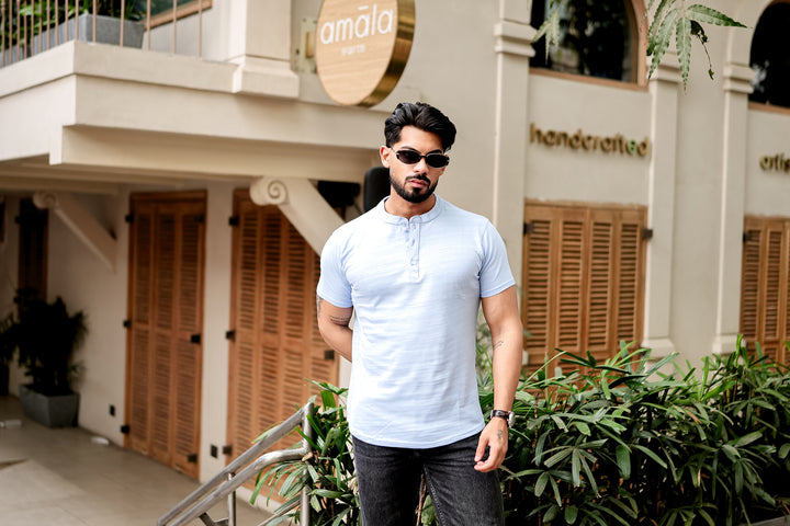 Sky Blue Self Design Henley T-Shirt