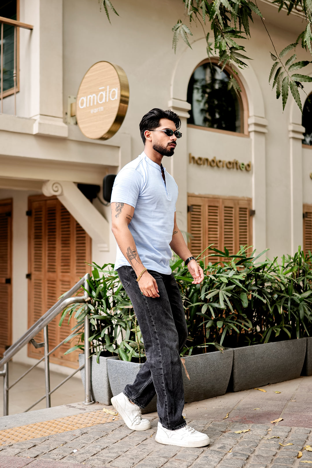 Sky Blue Self Design Henley T-Shirt