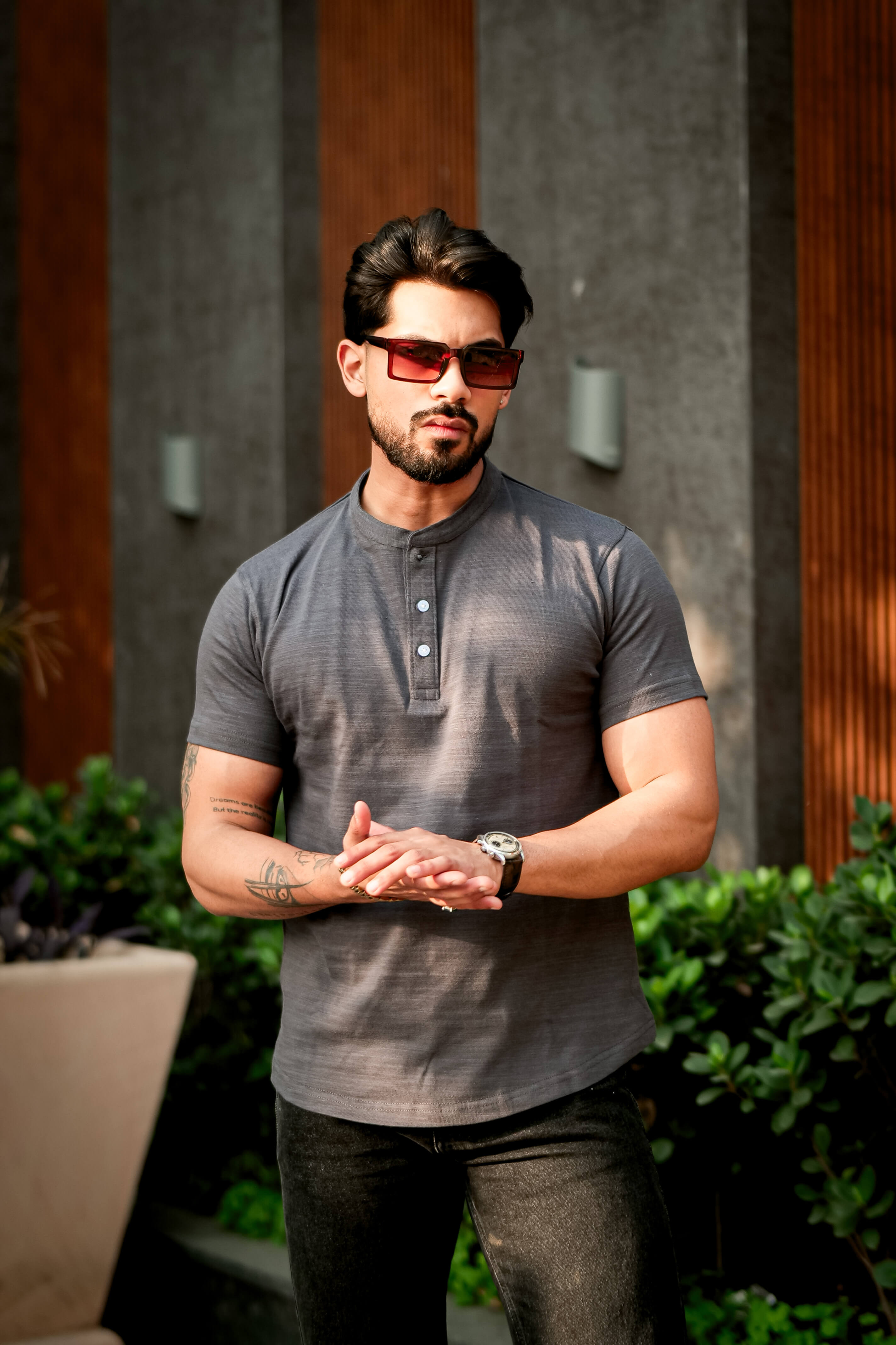 Grey Self Design Henley T-Shirt
