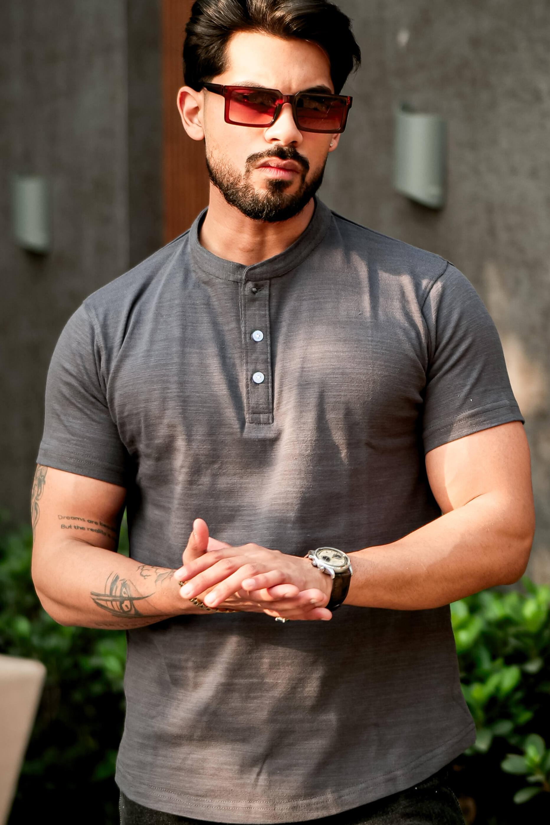 Grey Self Design Henley T-Shirt