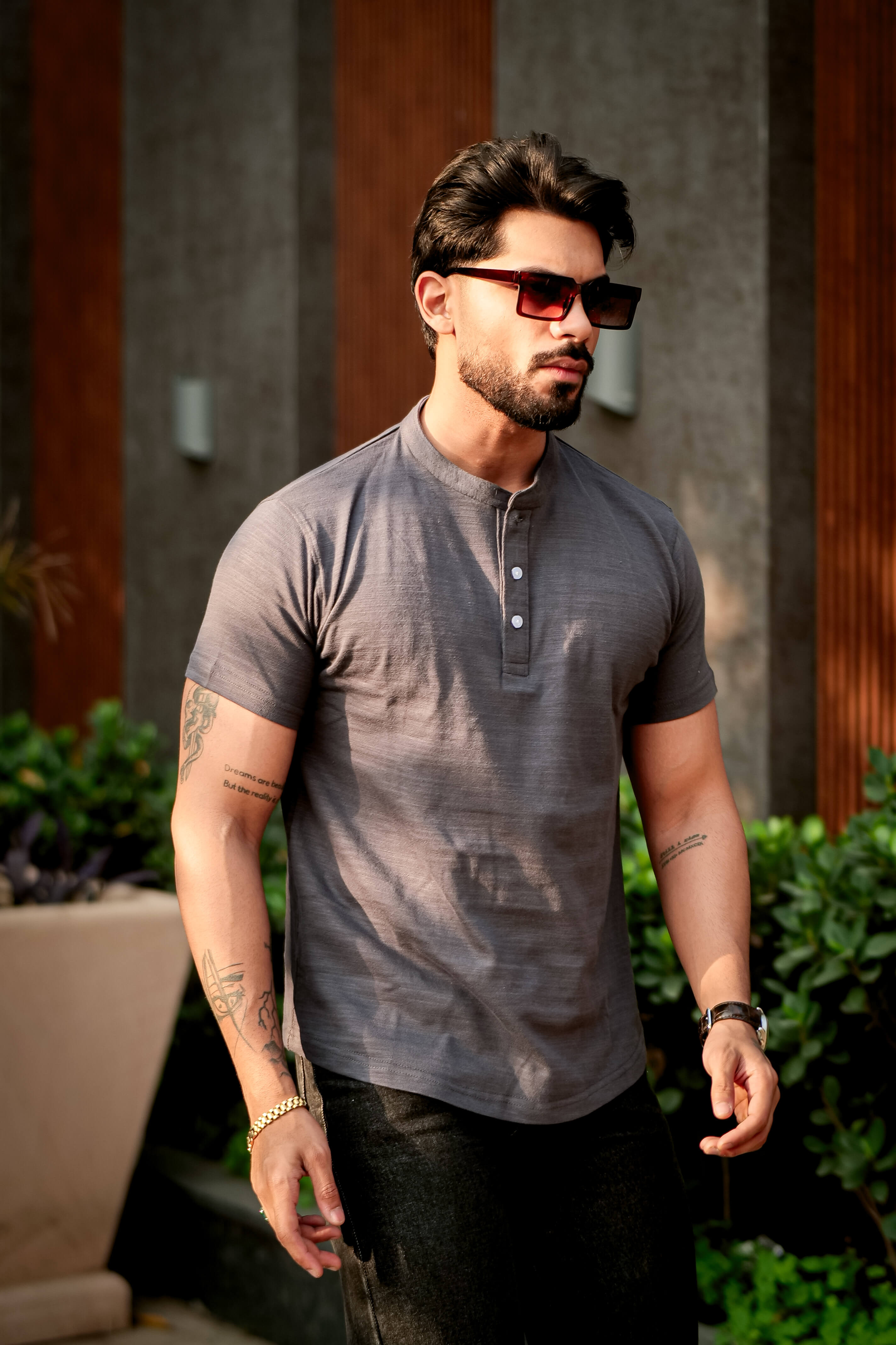 Grey Self Design Henley T-Shirt