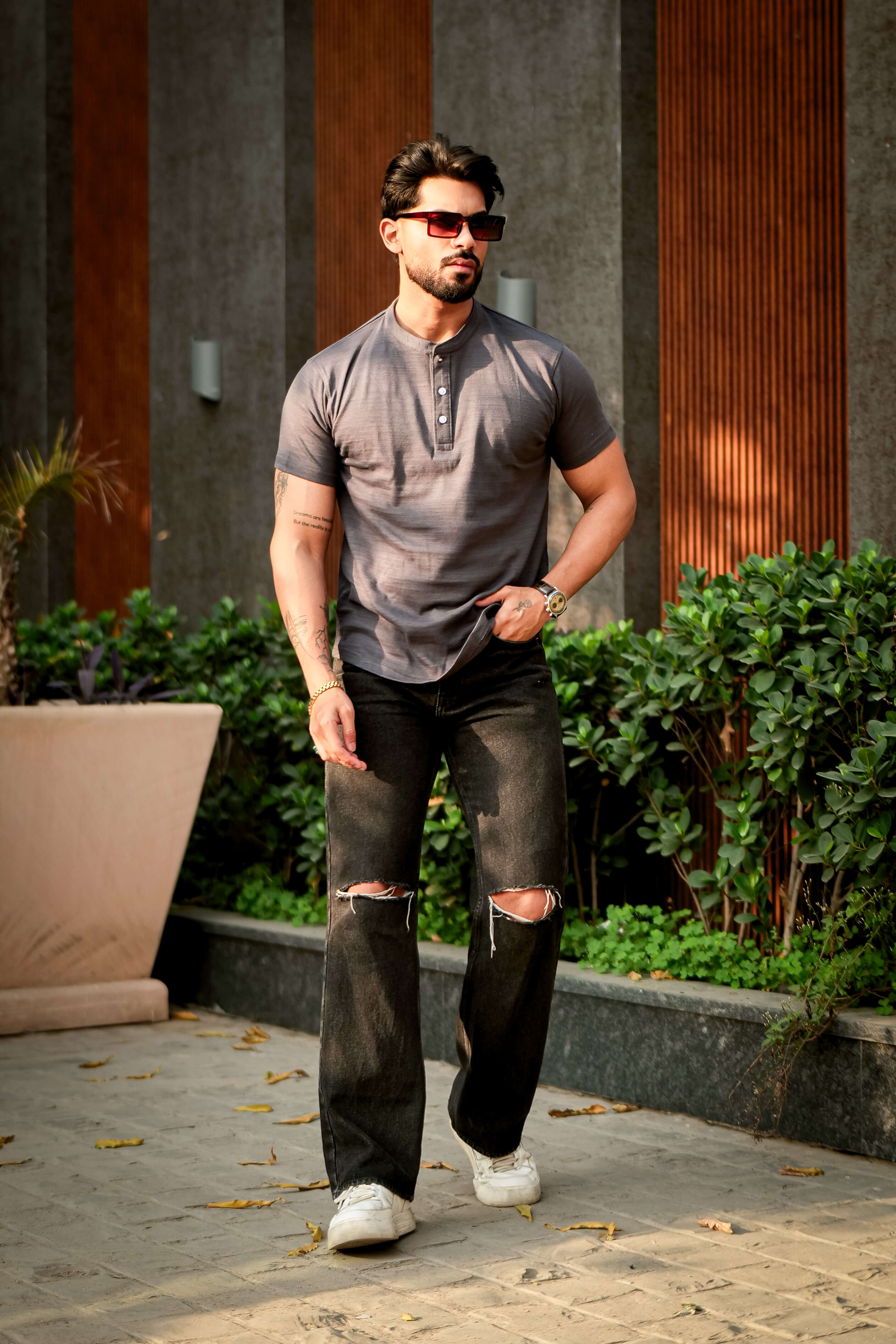 Grey Self Design Henley T-Shirt