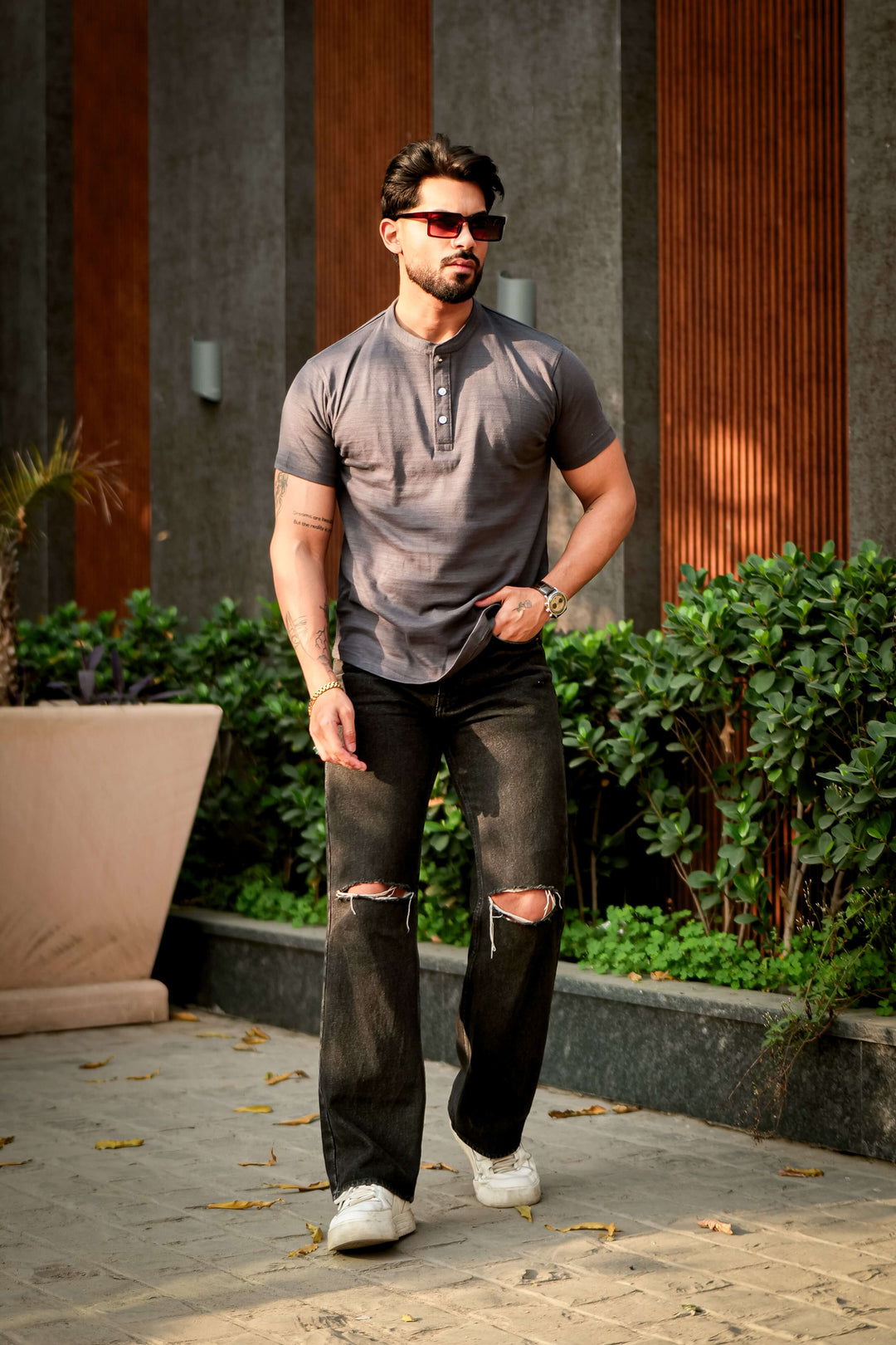 Grey Self Design Henley T-Shirt
