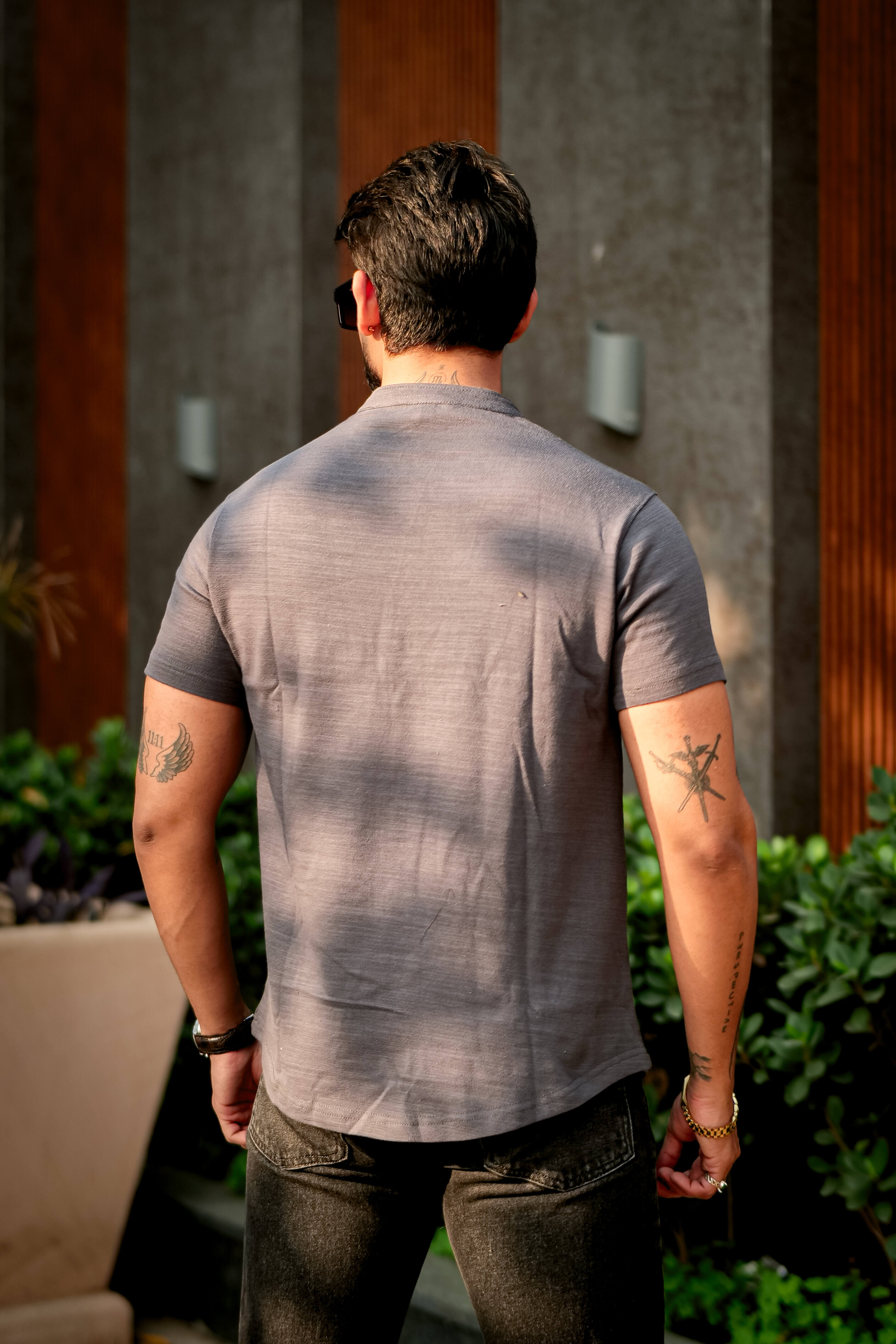 Grey Self Design Henley T-Shirt