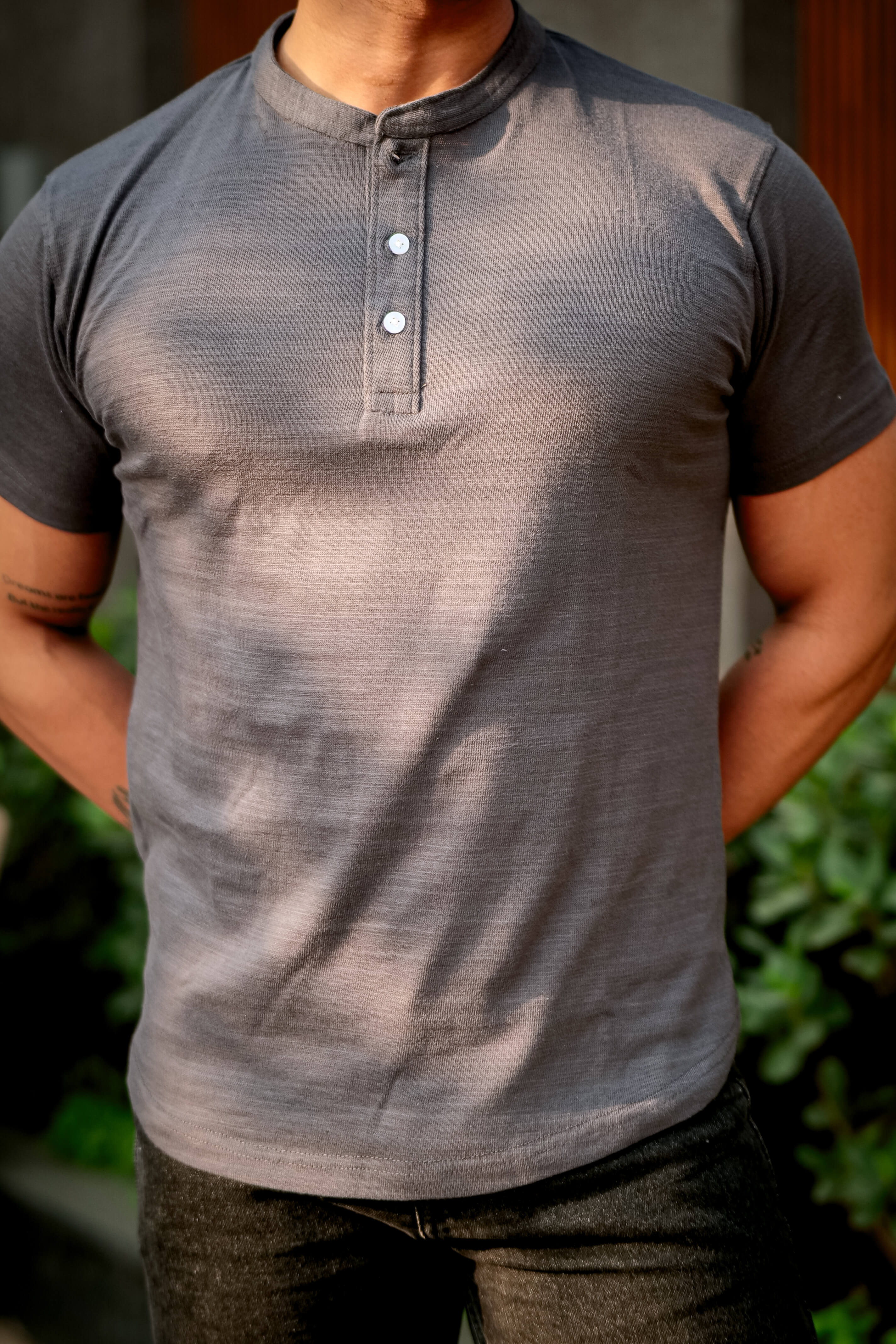 Grey Self Design Henley T-Shirt