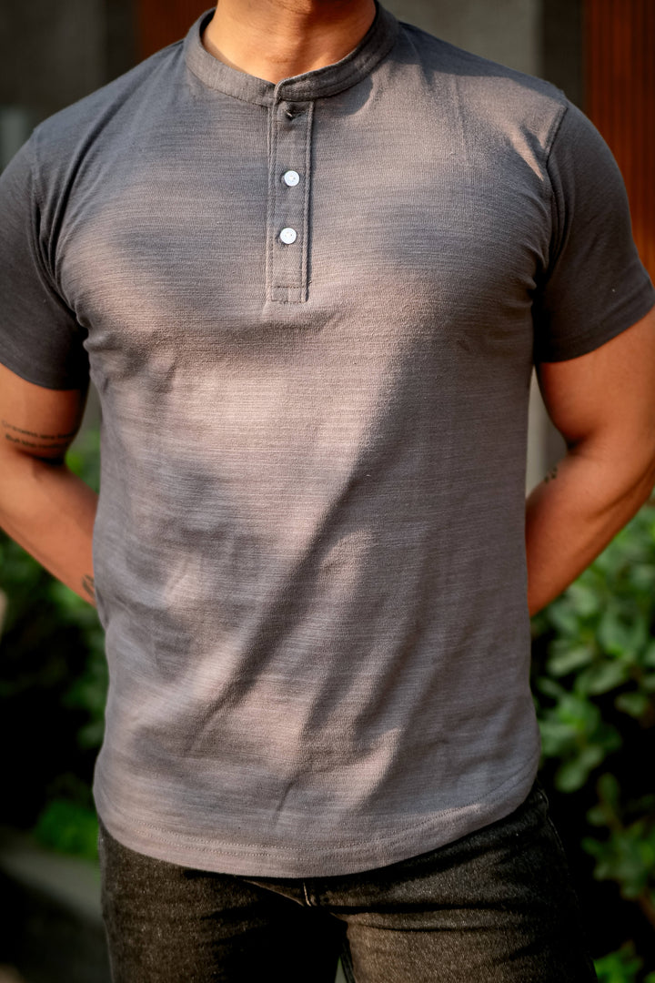 Grey Self Design Henley T-Shirt