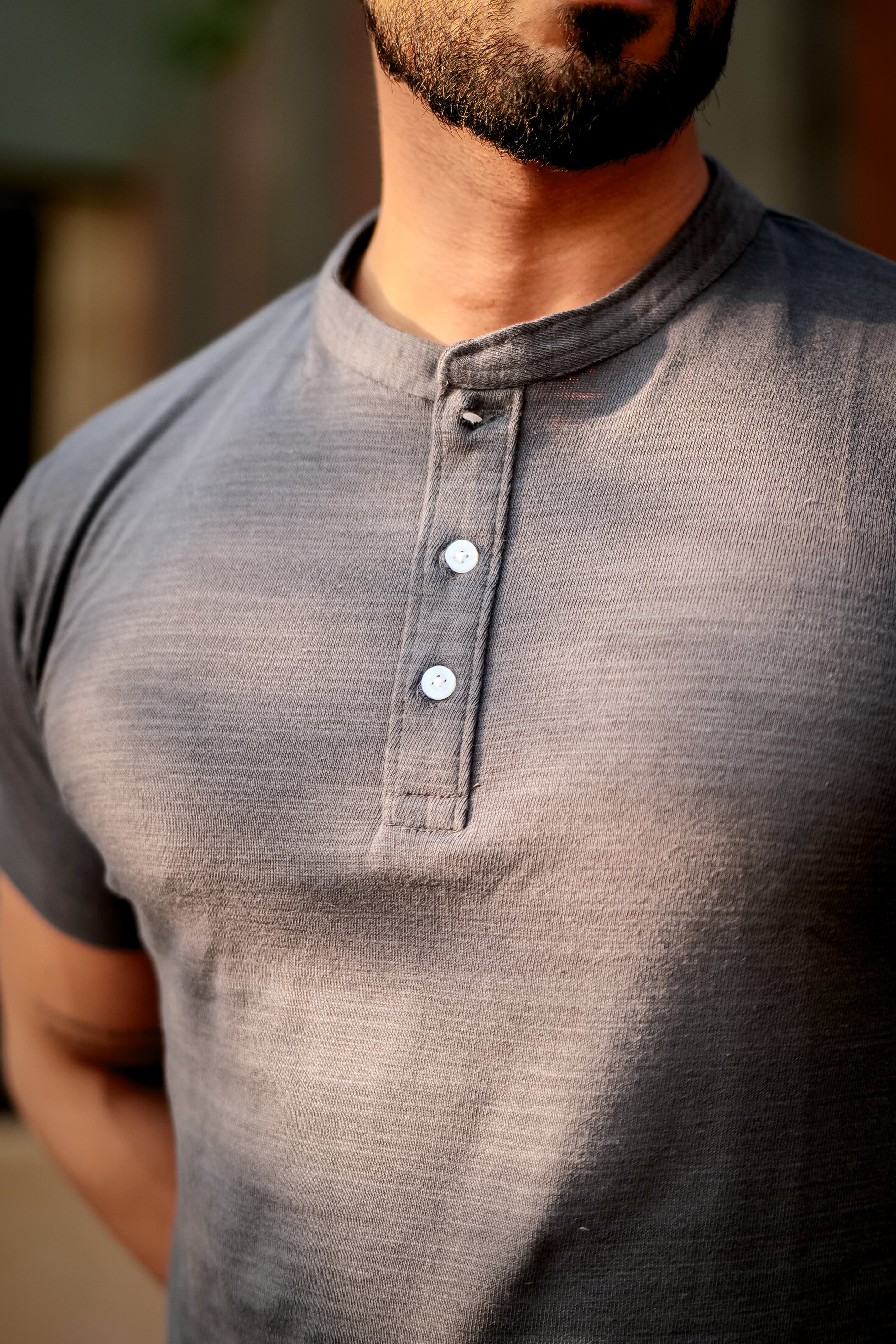 Grey Self Design Henley T-Shirt