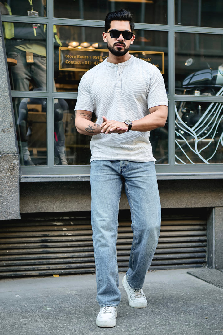 White Self Design Henley T-Shirt
