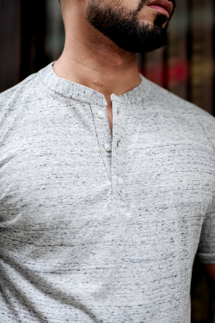Grey Dotted Self Design Henley T-Shirt